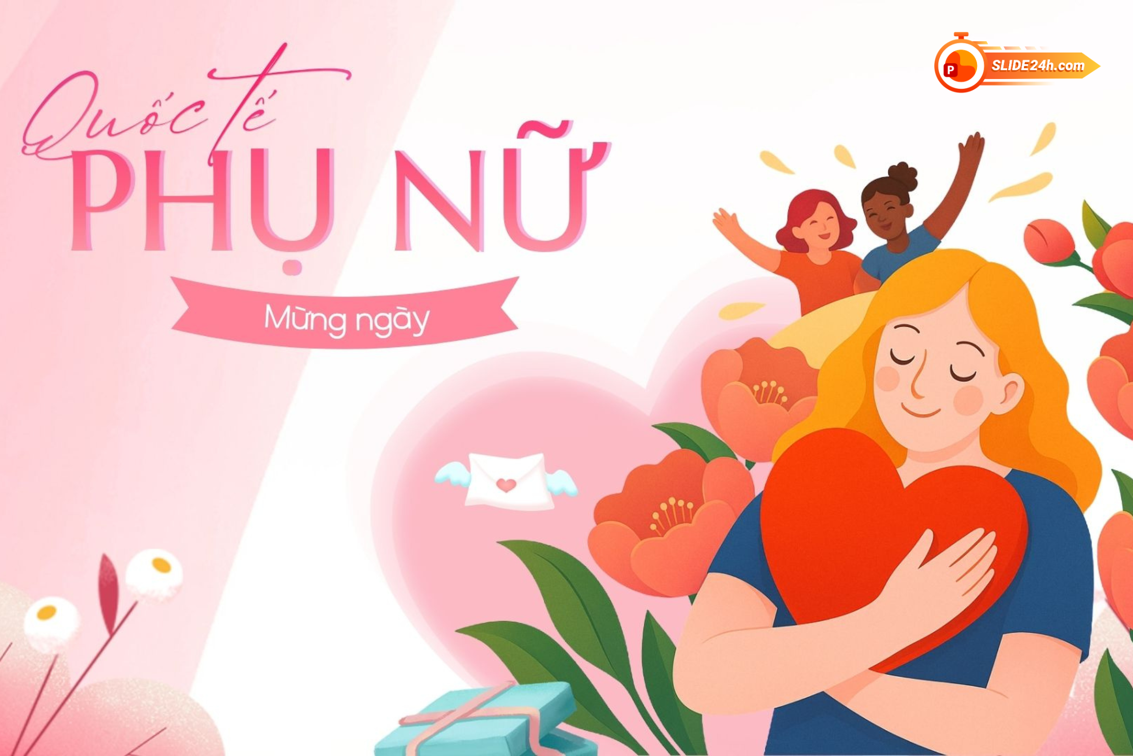 Video intro Quốc tế Phụ nữ 8/3 với hình ảnh cô gái ôm trái tim, hoa và hộp quà.