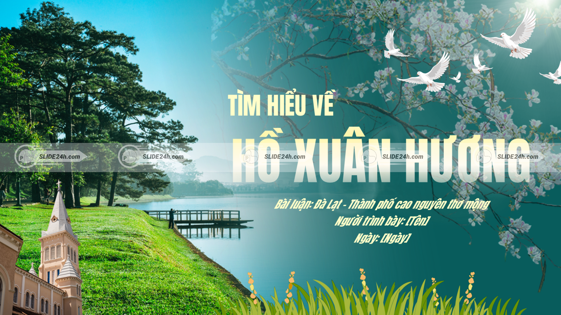 Bài luận về Hồ Xuân Hương Đà Lạt với hình ảnh hồ nước, rừng thông và không gian cao nguyên thơ mộng.