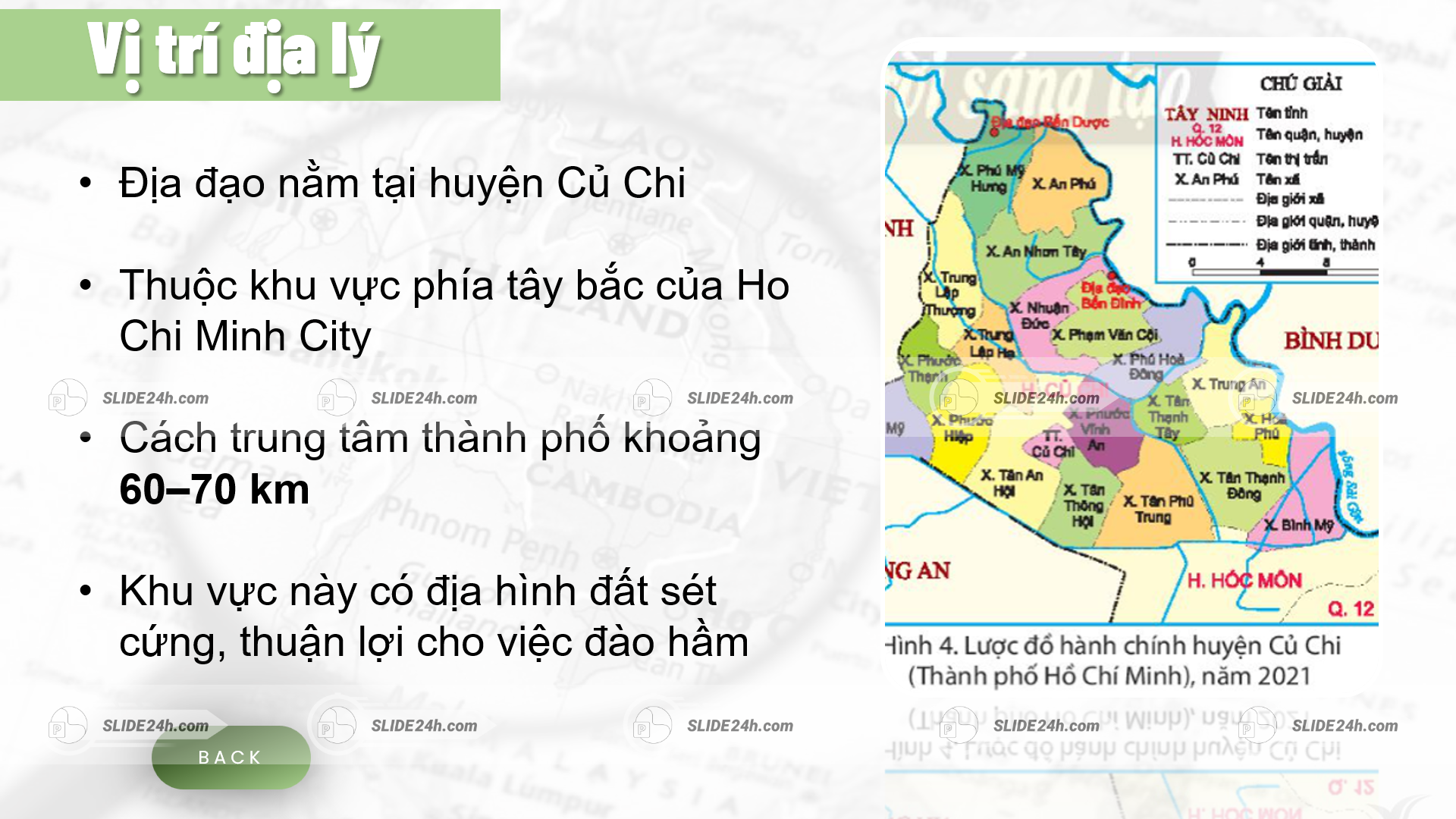 bản đồ vị trí địa lý địa đạo củ chi thể hiện khu vực phía tây bắc thành phố hồ chí minh và điều kiện địa hình thuận lợi