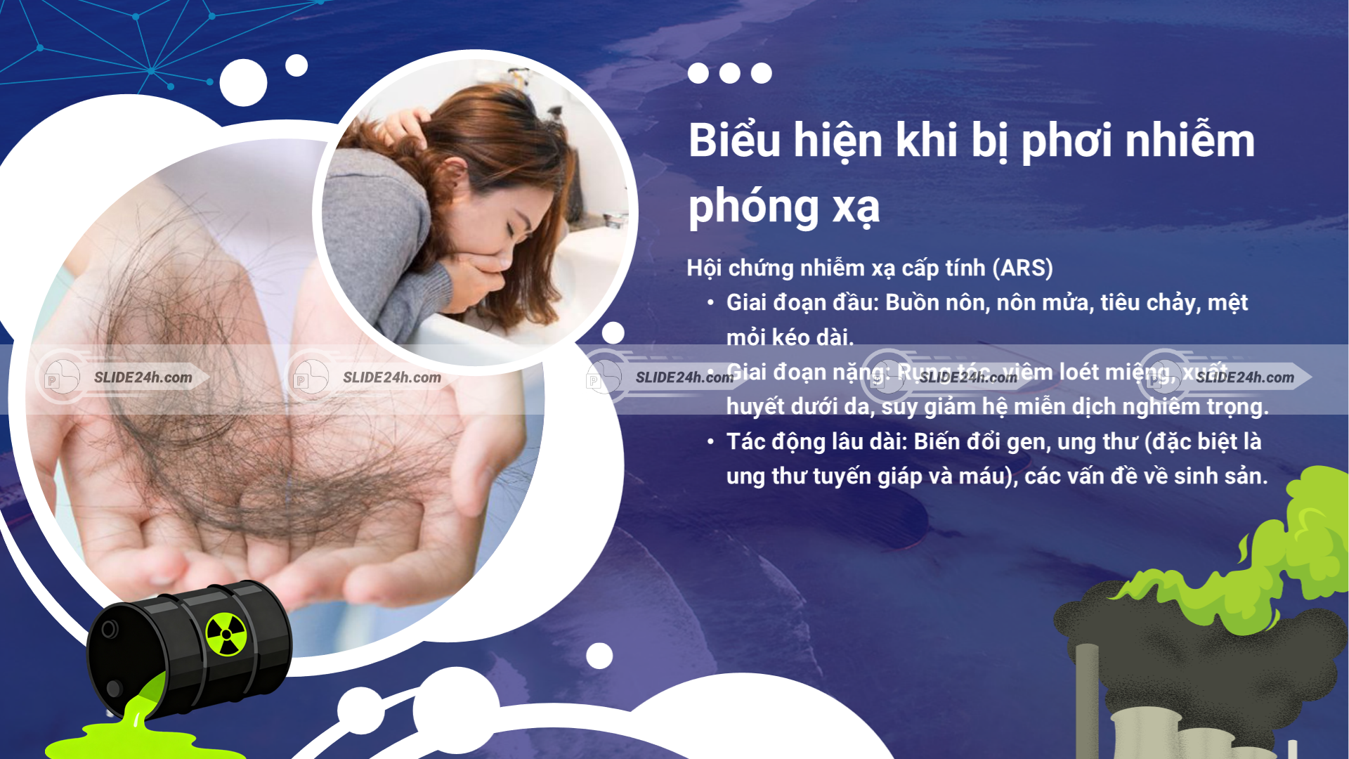 Biểu hiện khi bị phơi nhiễm phóng xạ, từ triệu chứng cấp tính như buồn nôn, mệt mỏi đến các tác động sức khỏe kéo dài.