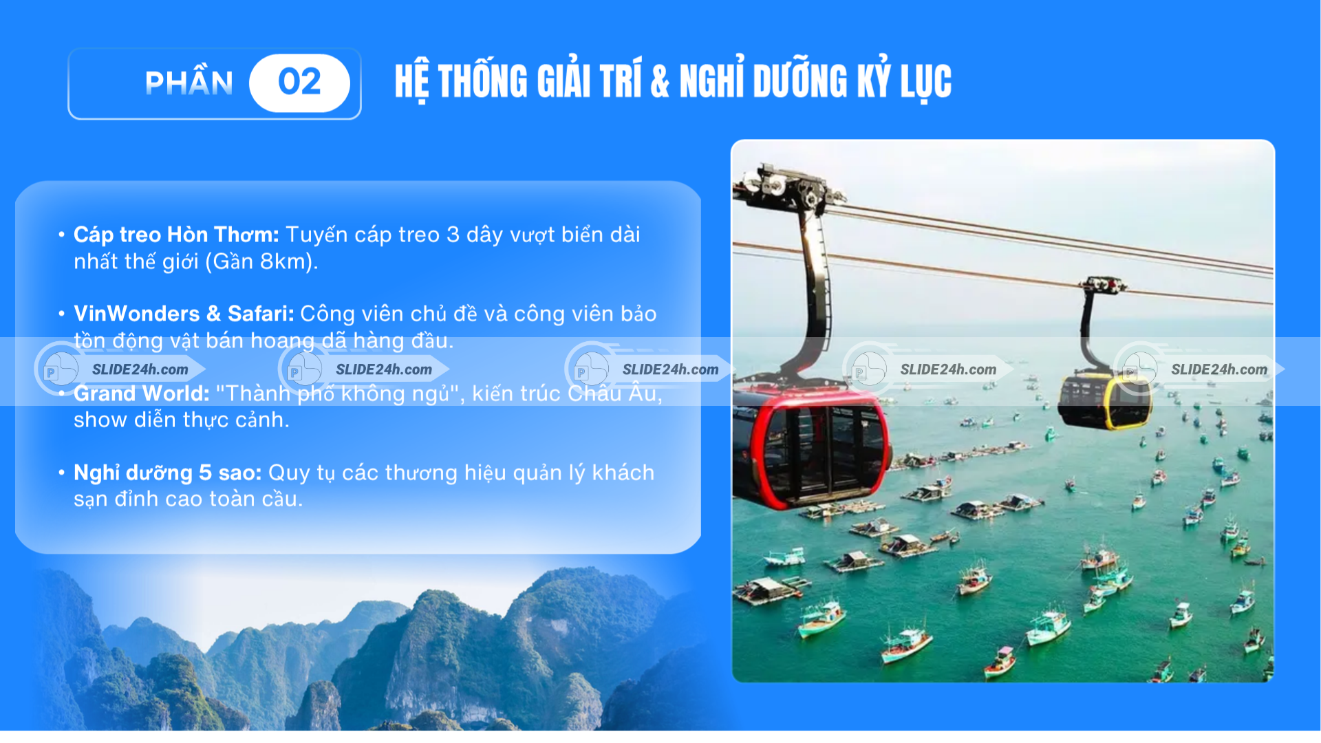 Các điểm đến như cáp treo Hòn Thơm, VinWonders, Safari, Grand World và mô hình nghỉ dưỡng cao cấp ở Phú Quốc.