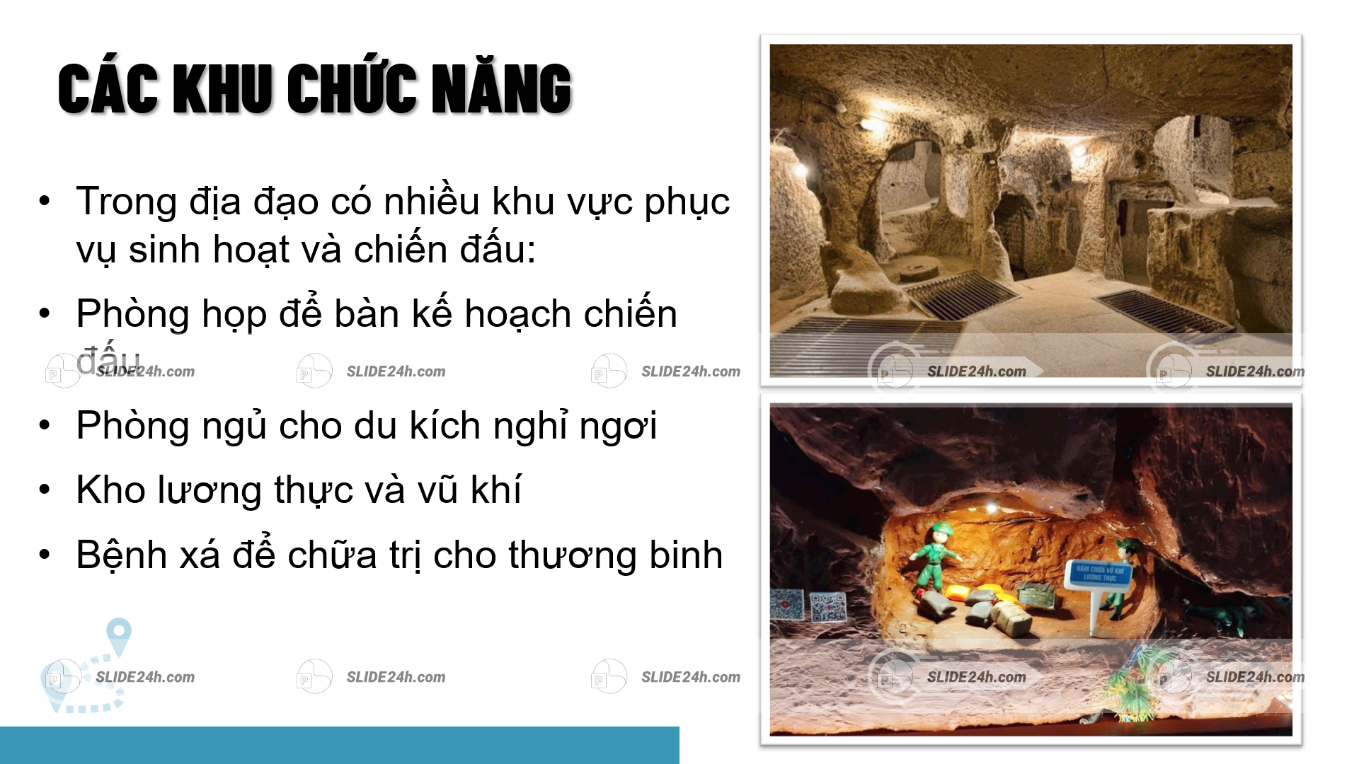 các khu chức năng trong địa đạo củ chi gồm phòng họp phòng ngủ kho lương thực và bệnh xá phục vụ sinh hoạt và chiến đấu