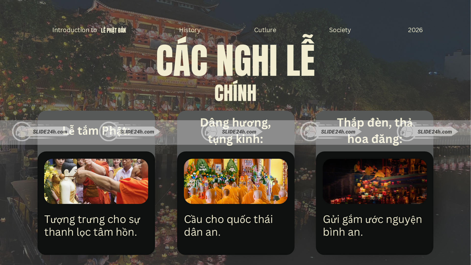 Các nghi lễ chính trong dịp Phật Đản như lễ tắm Phật, dâng hương tụng kinh và thả hoa đăng.