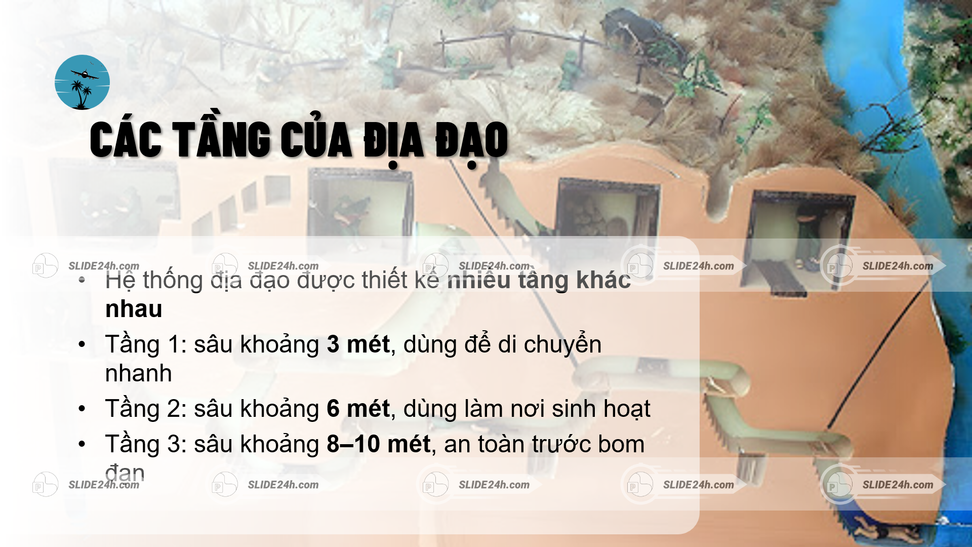 các tầng của địa đạo củ chi được thiết kế nhiều lớp với độ sâu khác nhau phục vụ di chuyển sinh hoạt và tránh bom đạn