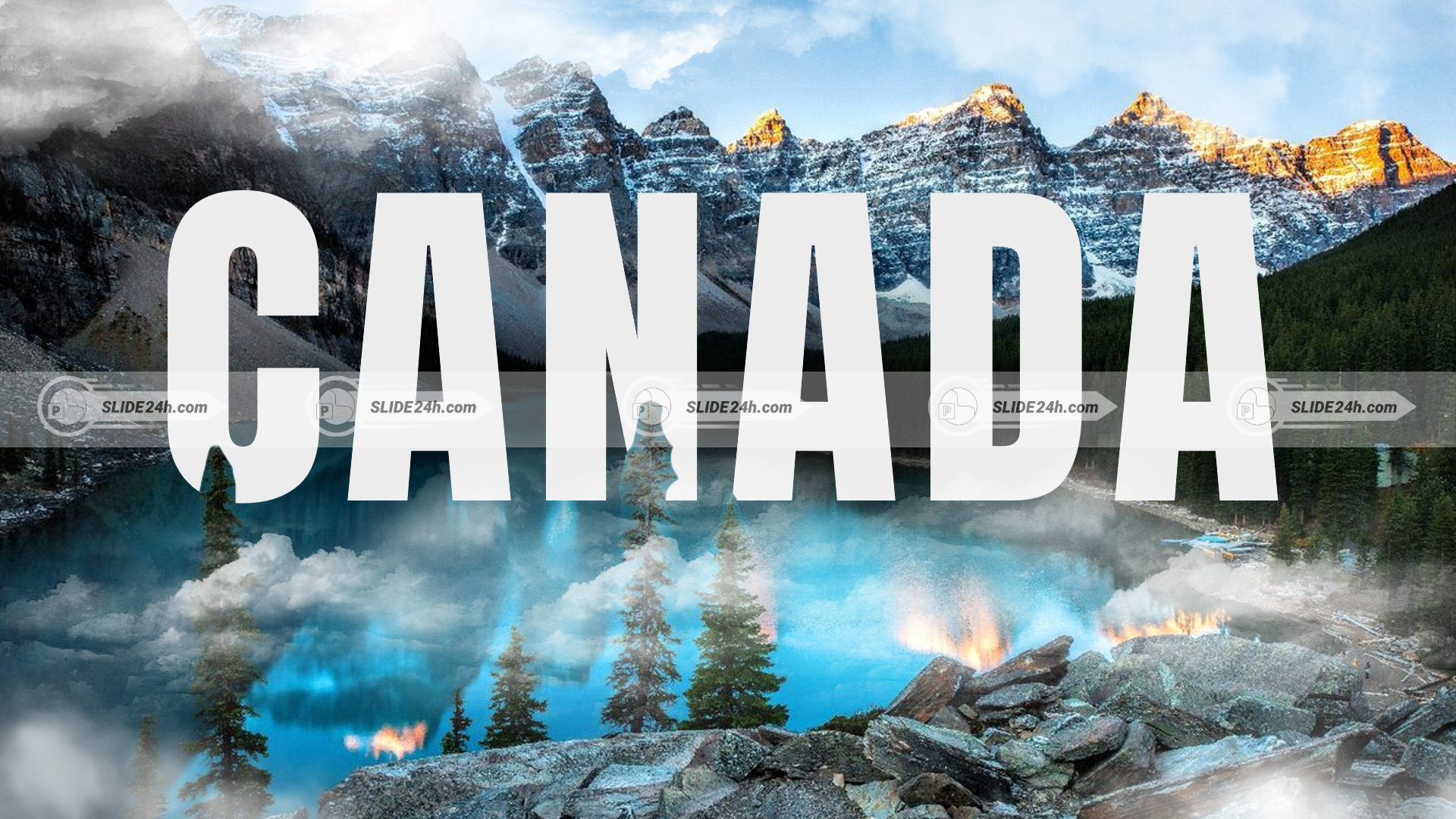 cảnh thiên nhiên canada với núi tuyết hồ nước xanh và rừng thông