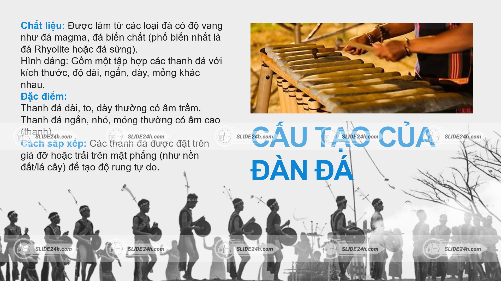 Cấu tạo của đàn đá với chất liệu, hình dáng và cách sắp xếp thanh đá.