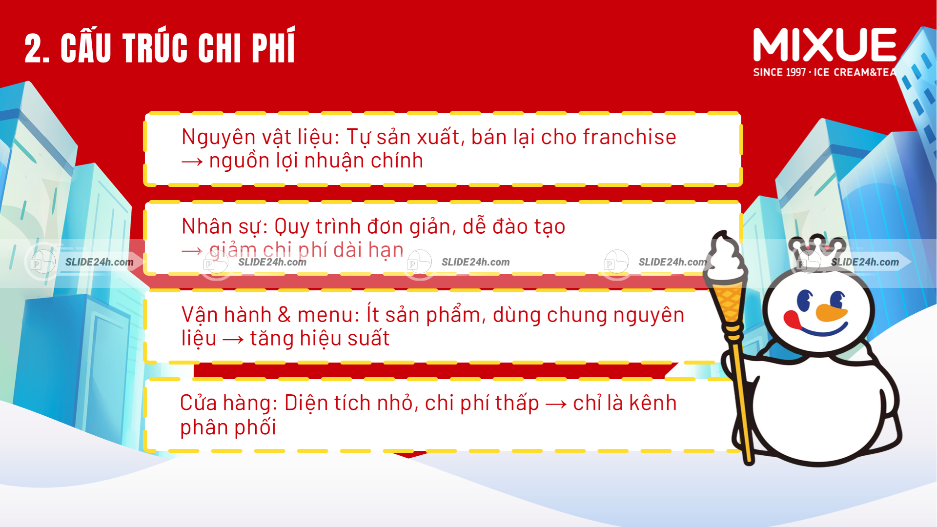 Cấu trúc chi phí giúp Mixue tối ưu vận hành và giữ giá bán thấp.