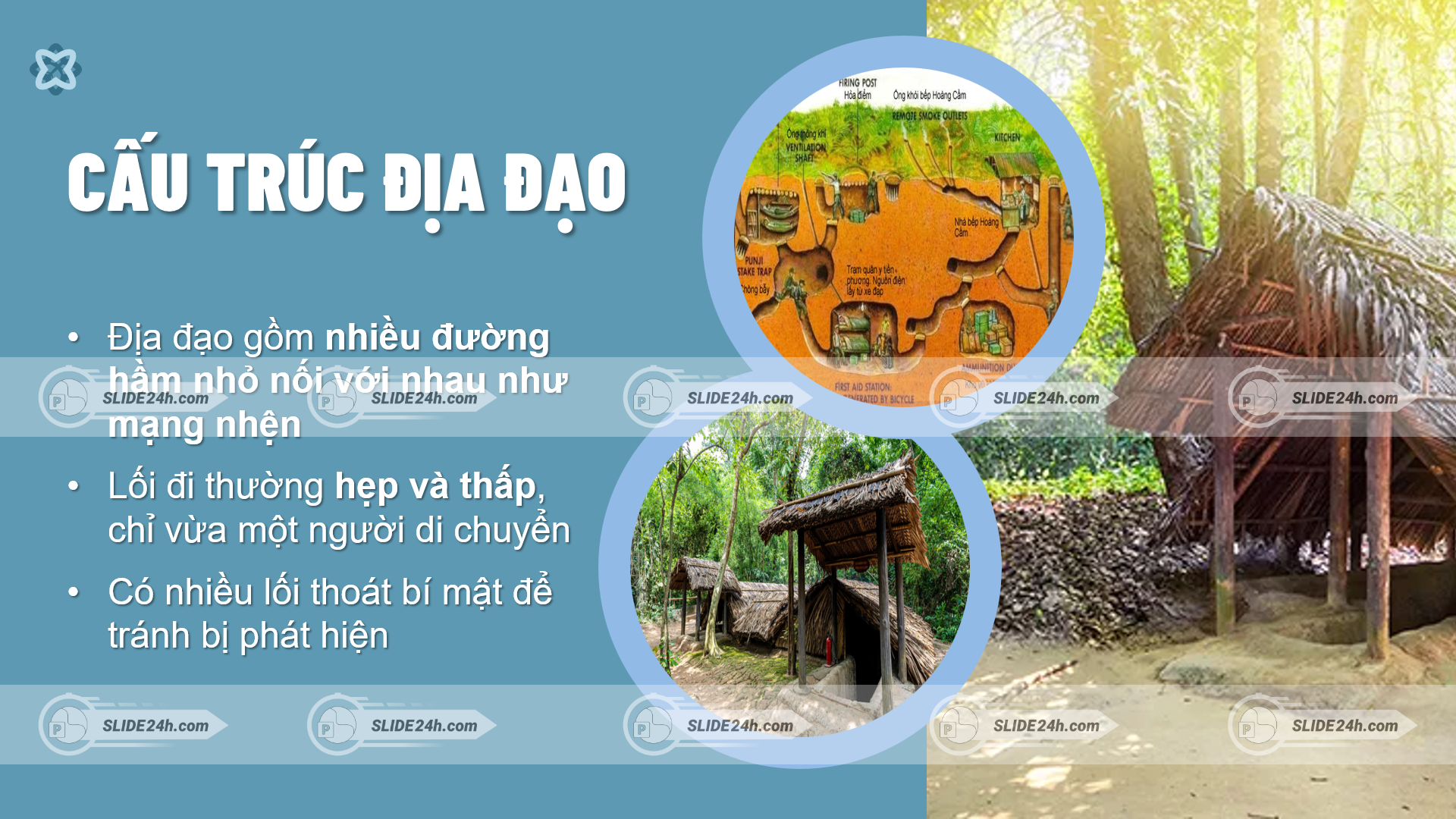cấu trúc địa đạo củ chi với hệ thống đường hầm nhỏ liên kết như mạng nhện lối đi hẹp và nhiều cửa thoát bí mật