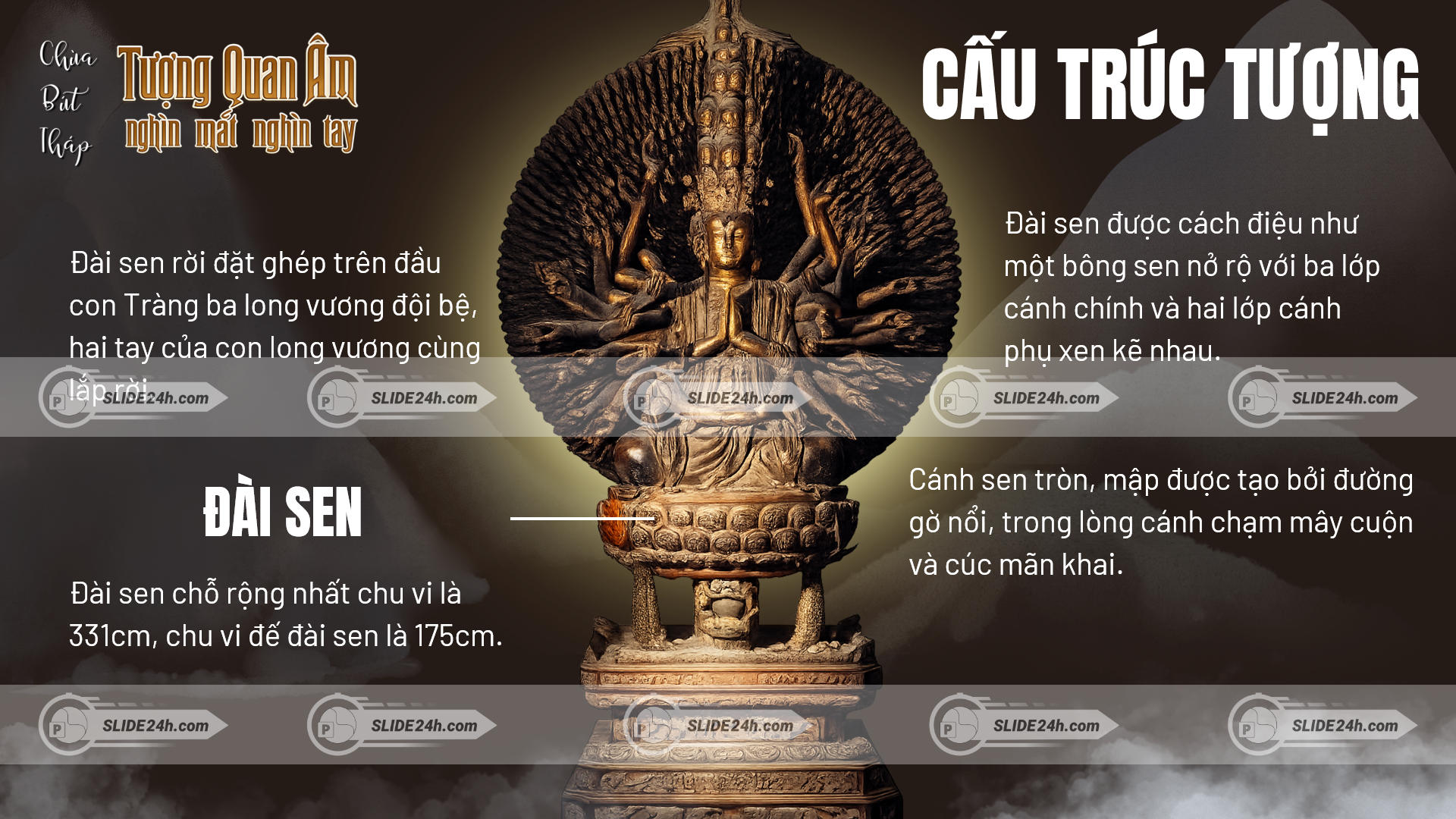 đài sen tượng quan âm với cánh sen chạm khắc tinh xảo và bố cục hài hòa mang ý nghĩa tâm linh