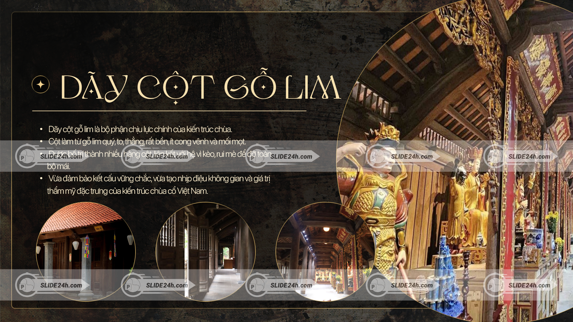 Dãy cột gỗ lim trong chùa với kết cấu chắc chắn, màu nâu trầm và khả năng chịu lực tốt.