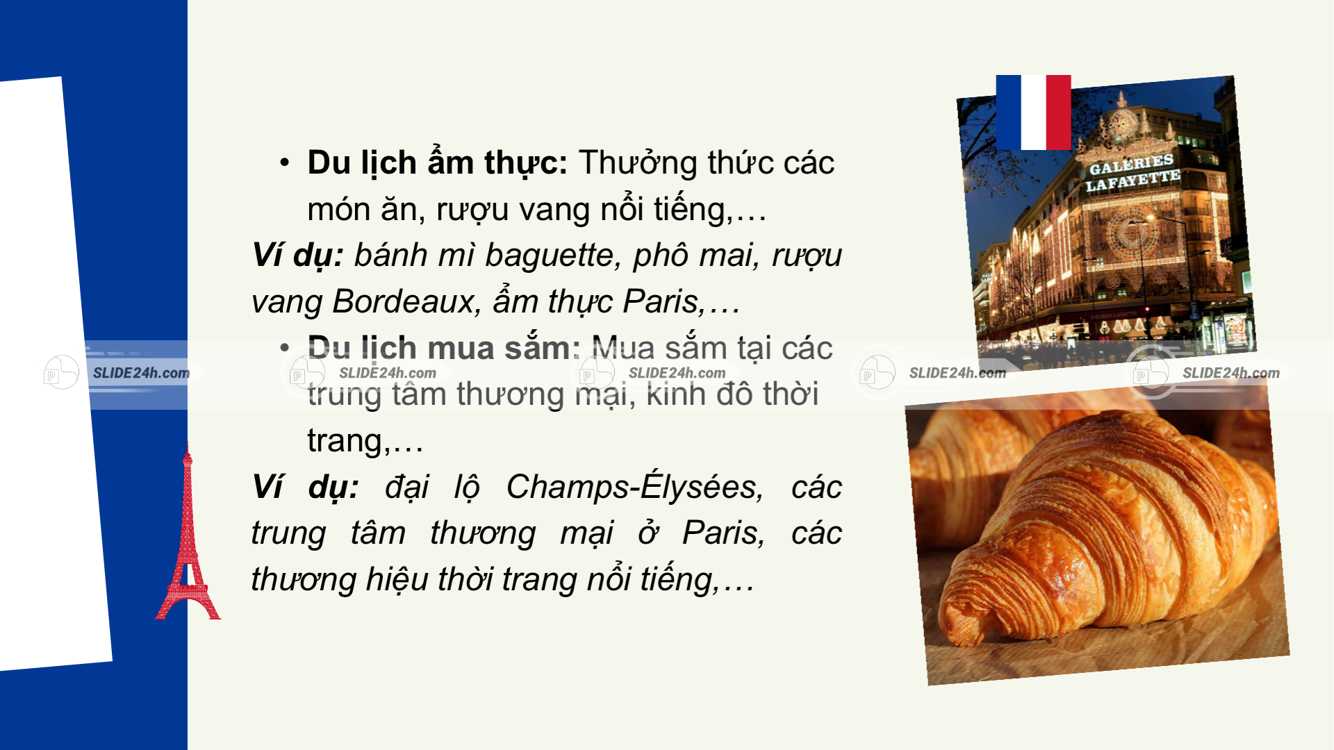 Du lịch ẩm thực Pháp với bánh mì baguette, phô mai, rượu vang và không gian mua sắm Paris.
