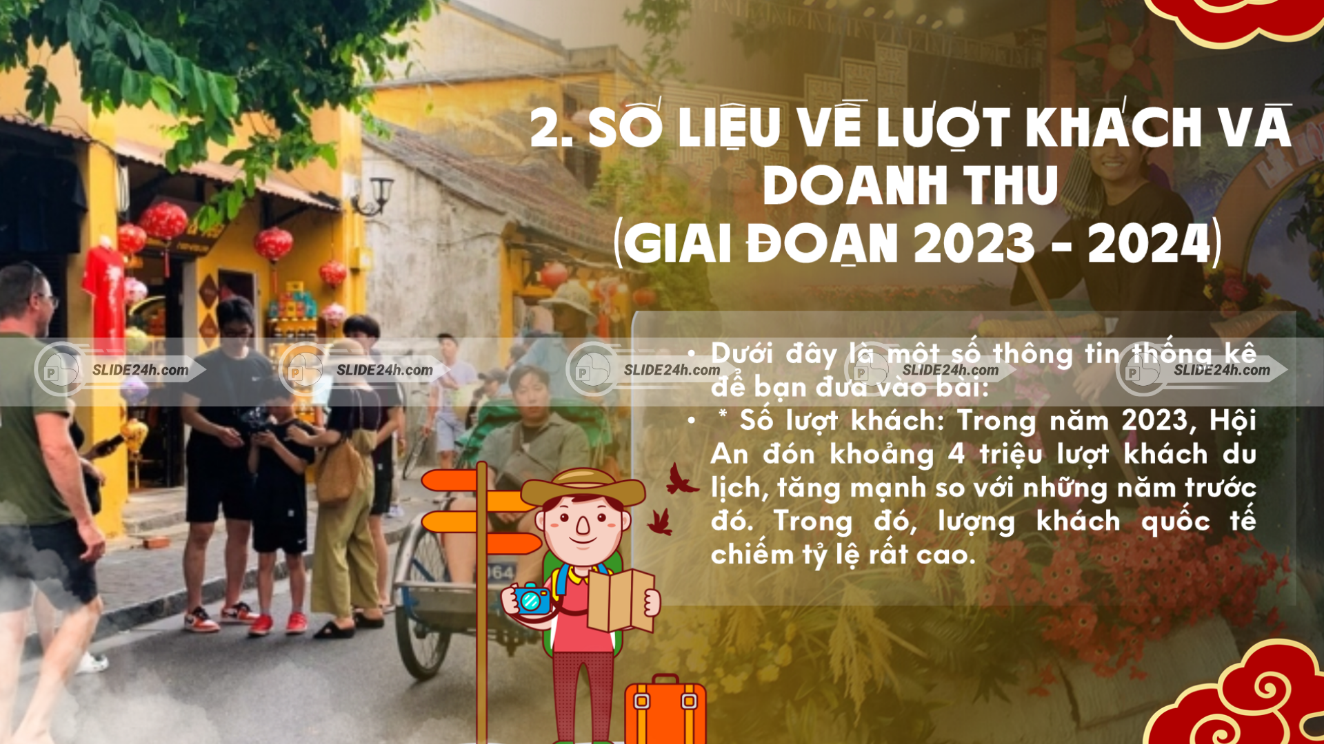 Du lịch Hội An giai đoạn 2023–2024 qua số liệu lượt khách, doanh thu và hoạt động tham quan phố cổ.