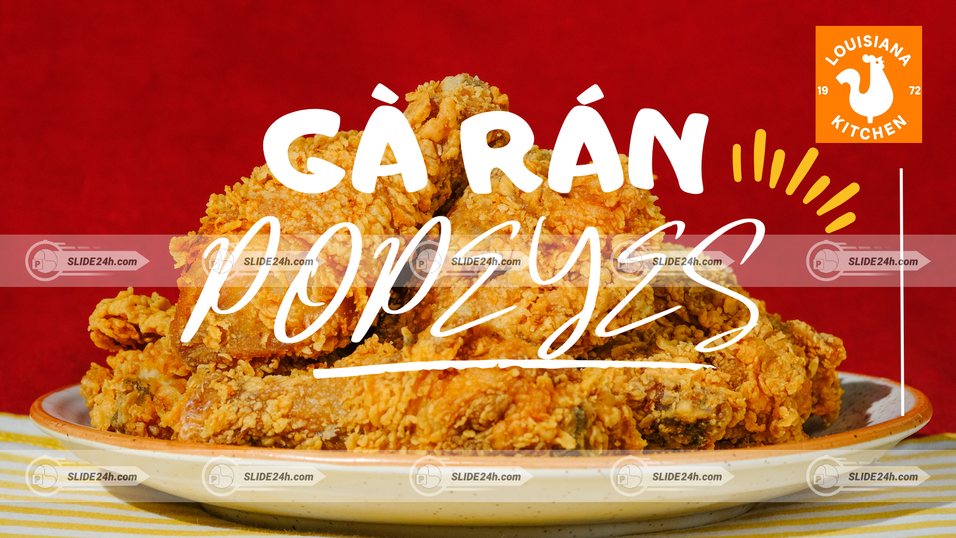 gà rán popeyes giòn rụm trên nền đỏ nổi bật hấp dẫn