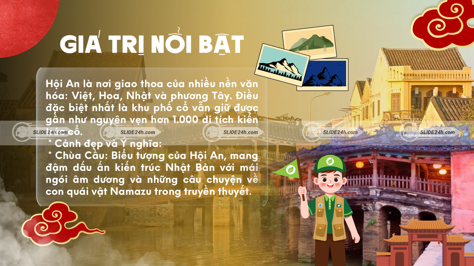 Giá trị nổi bật của phố cổ Hội An với thương cảng cổ, Chùa Cầu và dấu ấn giao thoa văn hóa.