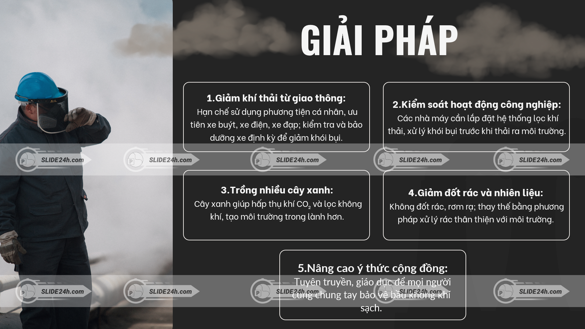 giải pháp giảm ô nhiễm không khí như kiểm soát khí thải trồng cây xanh và nâng cao ý thức cộng đồng
