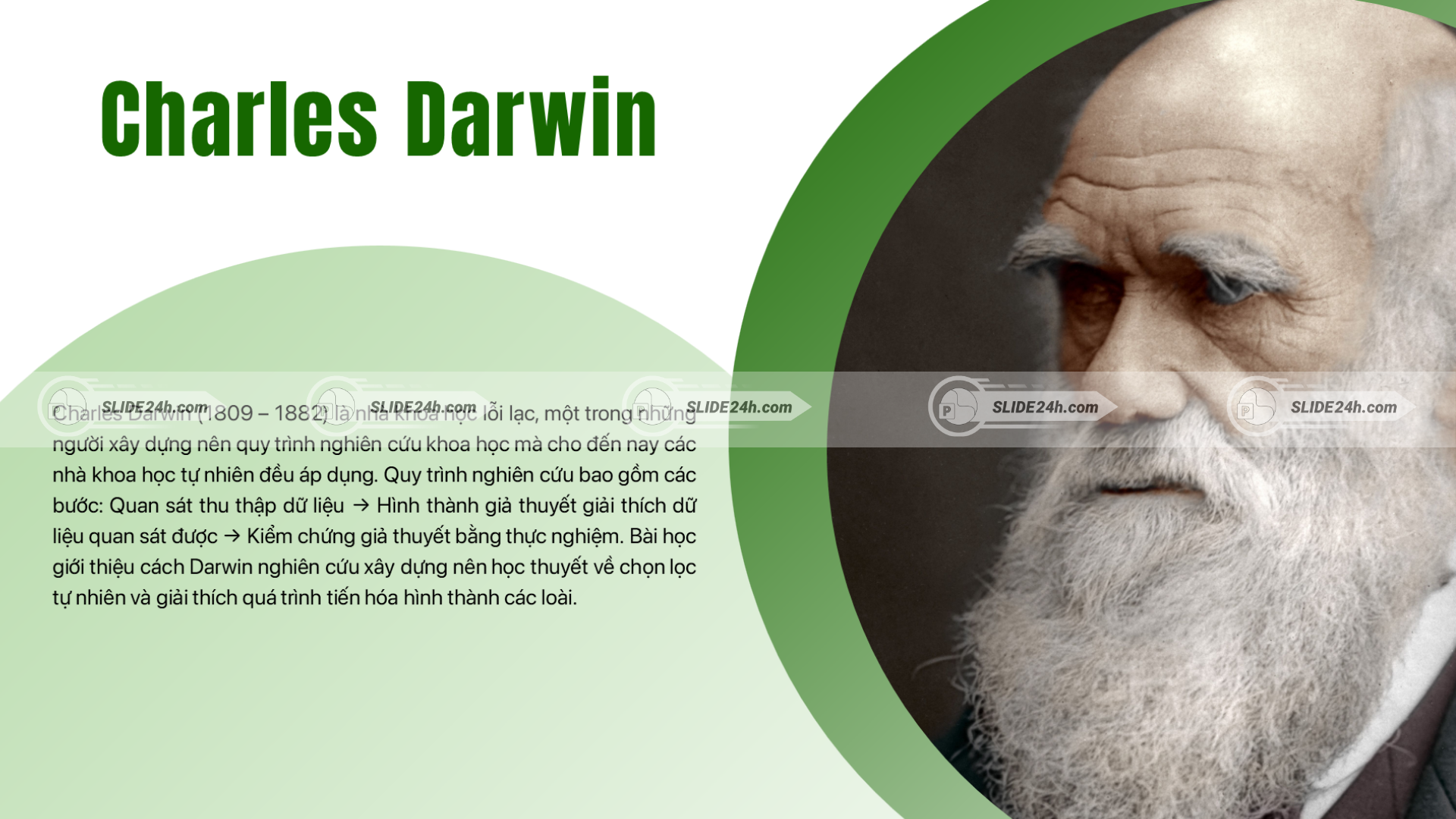 Giới thiệu Charles Darwin và bối cảnh hình thành học thuyết tiến hóa dựa trên phương pháp nghiên cứu khoa học hiện đại.