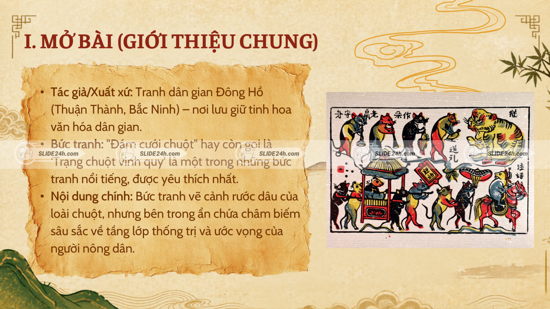 Giới thiệu chung về tranh Đám cưới chuột, xuất xứ từ tranh dân gian Đông Hồ và nội dung cảnh rước dâu.