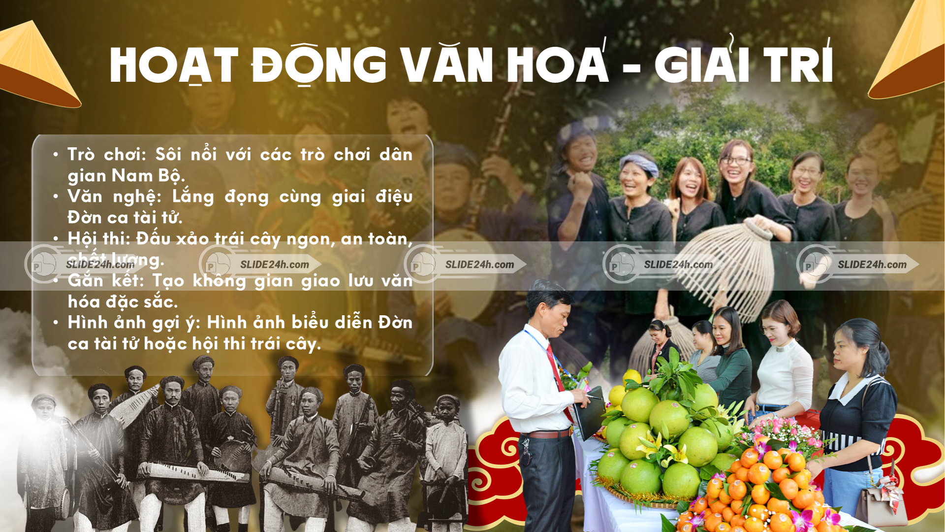Hoạt động văn hóa, trò chơi dân gian, văn nghệ tại chợ.