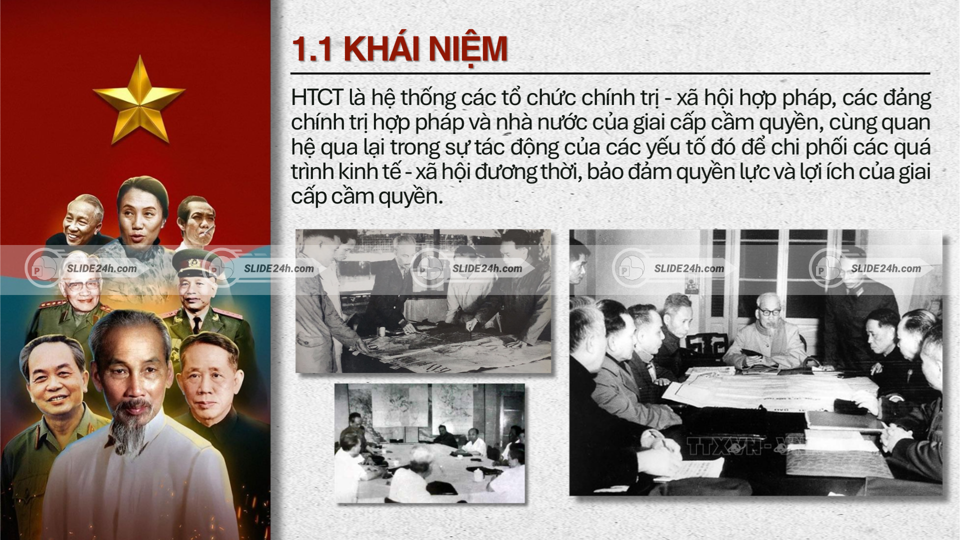 Khái niệm hệ thống chính trị với các lãnh tụ, biểu tượng quốc gia và hoạt động họp bàn chính trị.