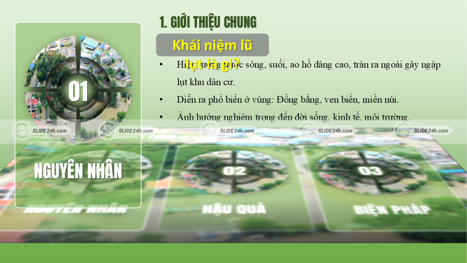 Khái niệm lũ lụt, các khu vực thường xảy ra và những tác động chung của hiện tượng.