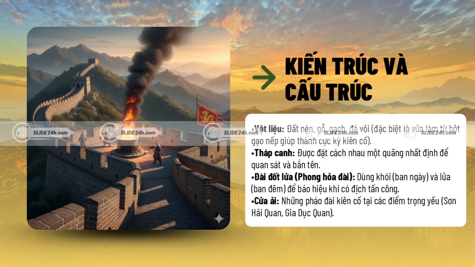 Kiến trúc Vạn Lý Trường Thành với tường thành, tháp canh, đài đốt lửa và hệ thống phòng thủ kiên cố.