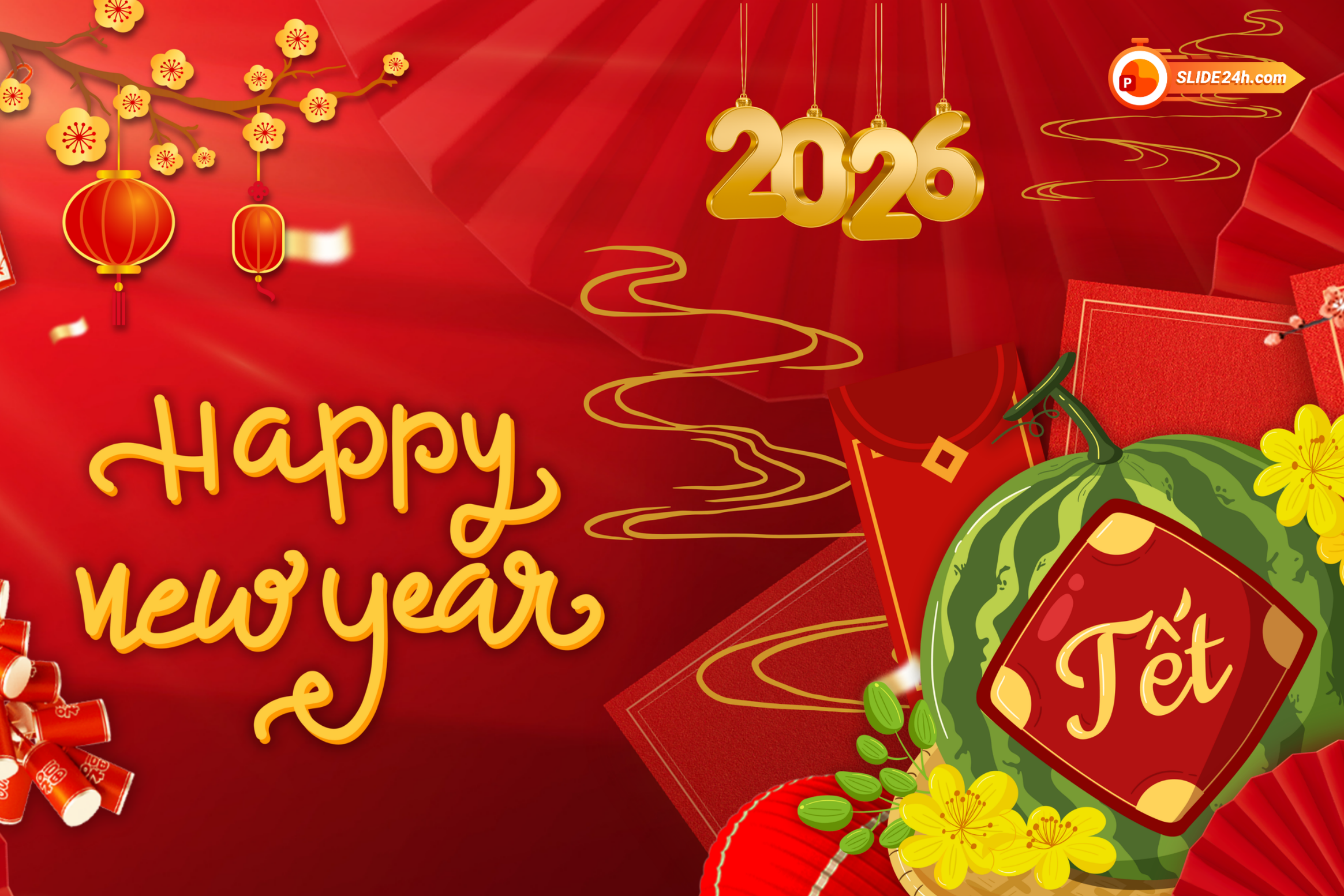 Mẫu video intro Happy New Year 2026 với dưa hấu đỏ, hoa mai vàng, pháo Tết và nền đỏ truyền thống.