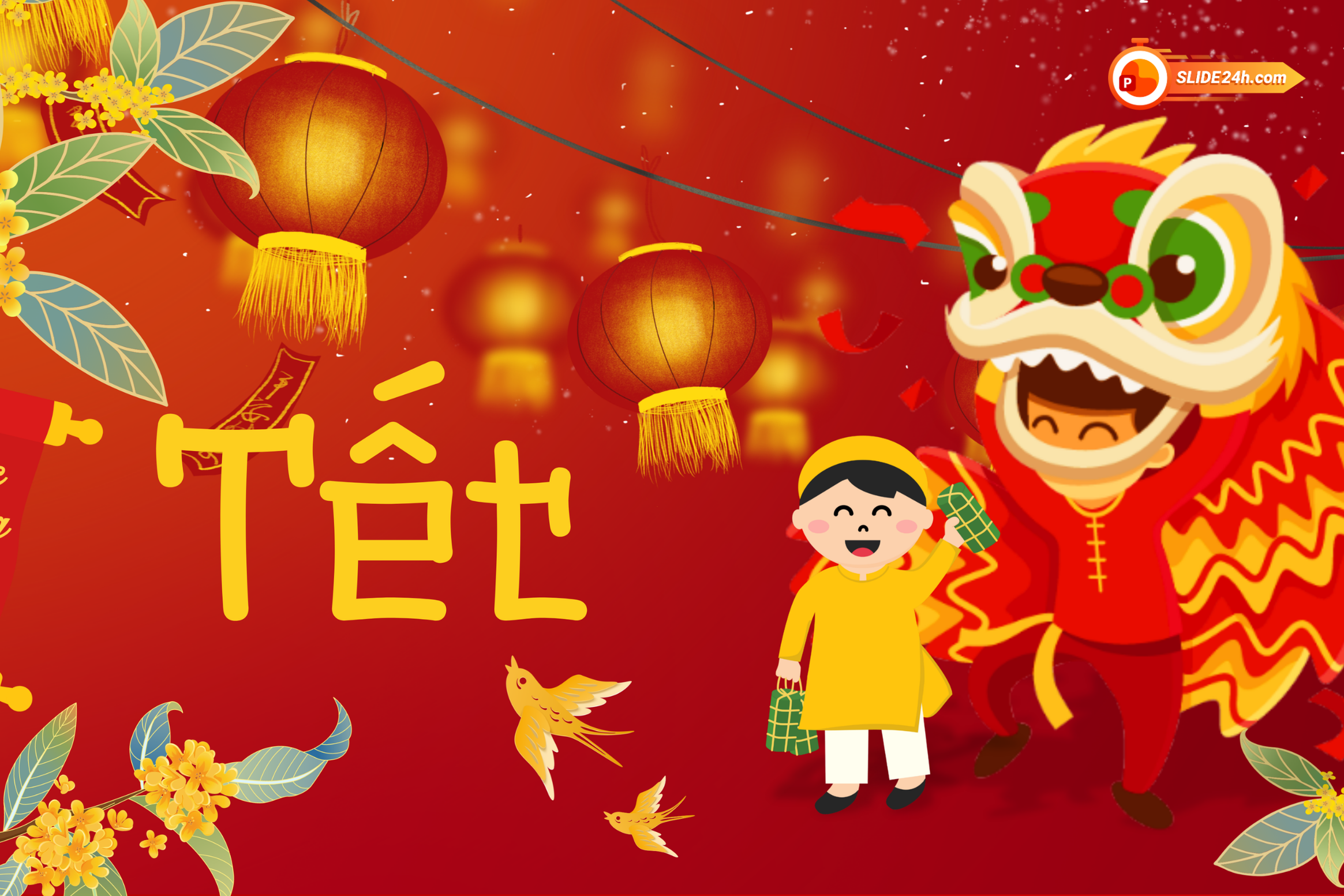 Mẫu video intro mừng Tết với hình ảnh múa lân, em bé áo vàng, đèn lồng đỏ và hoa mai ngày xuân.