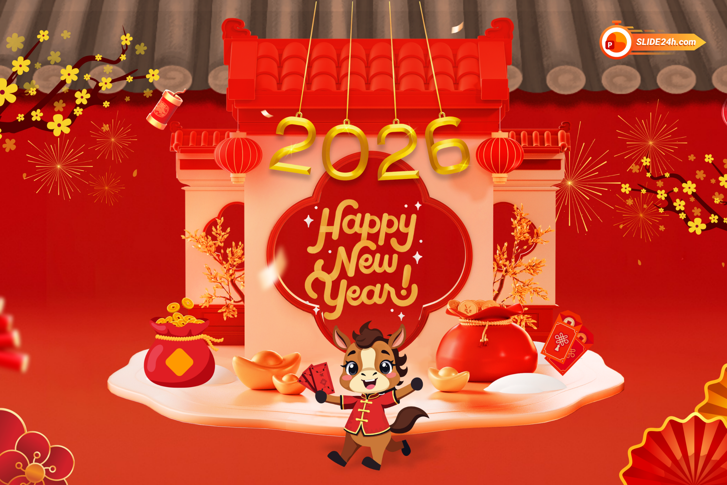 Mẫu video intro Tết Bính Ngọ 2026 với chú ngựa hoạt hình, bao lì xì, vàng thỏi và không gian đỏ vàng rực rỡ.