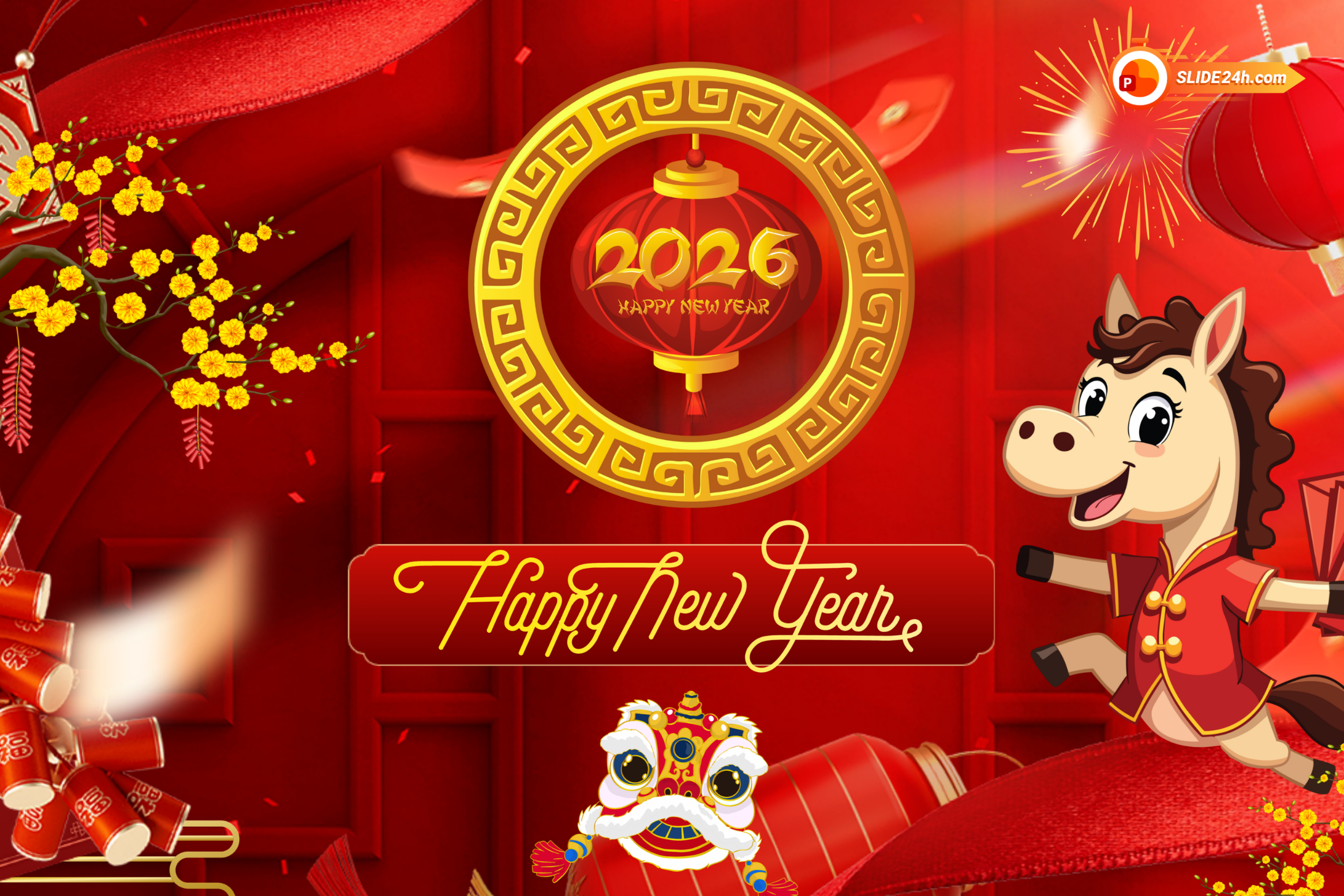 Mẫu video intro Tết Bính Ngọ 2026 với nền đỏ, đèn lồng, hoa mai và chú ngựa hoạt hình chúc mừng năm mới.