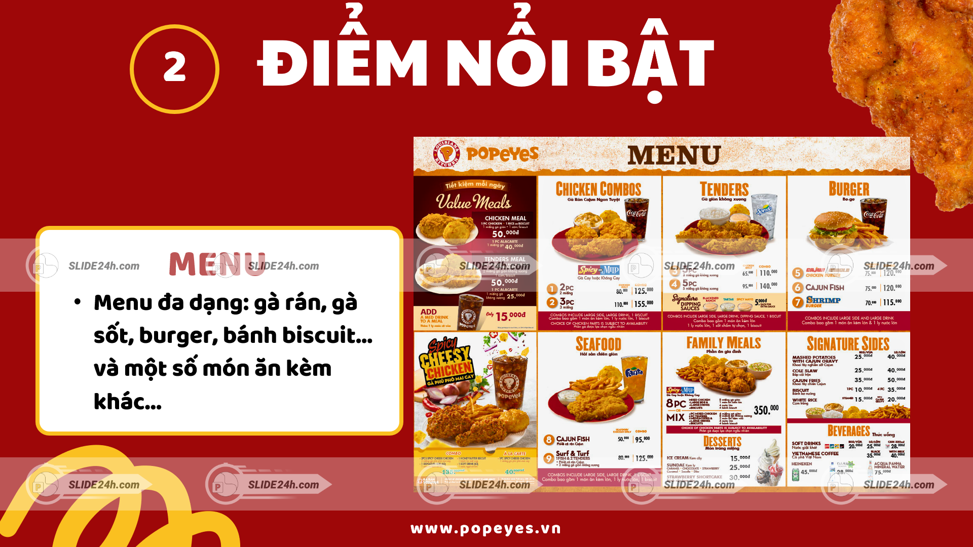 menu popeyes với nhiều món ăn đa dạng như gà rán burger và combo