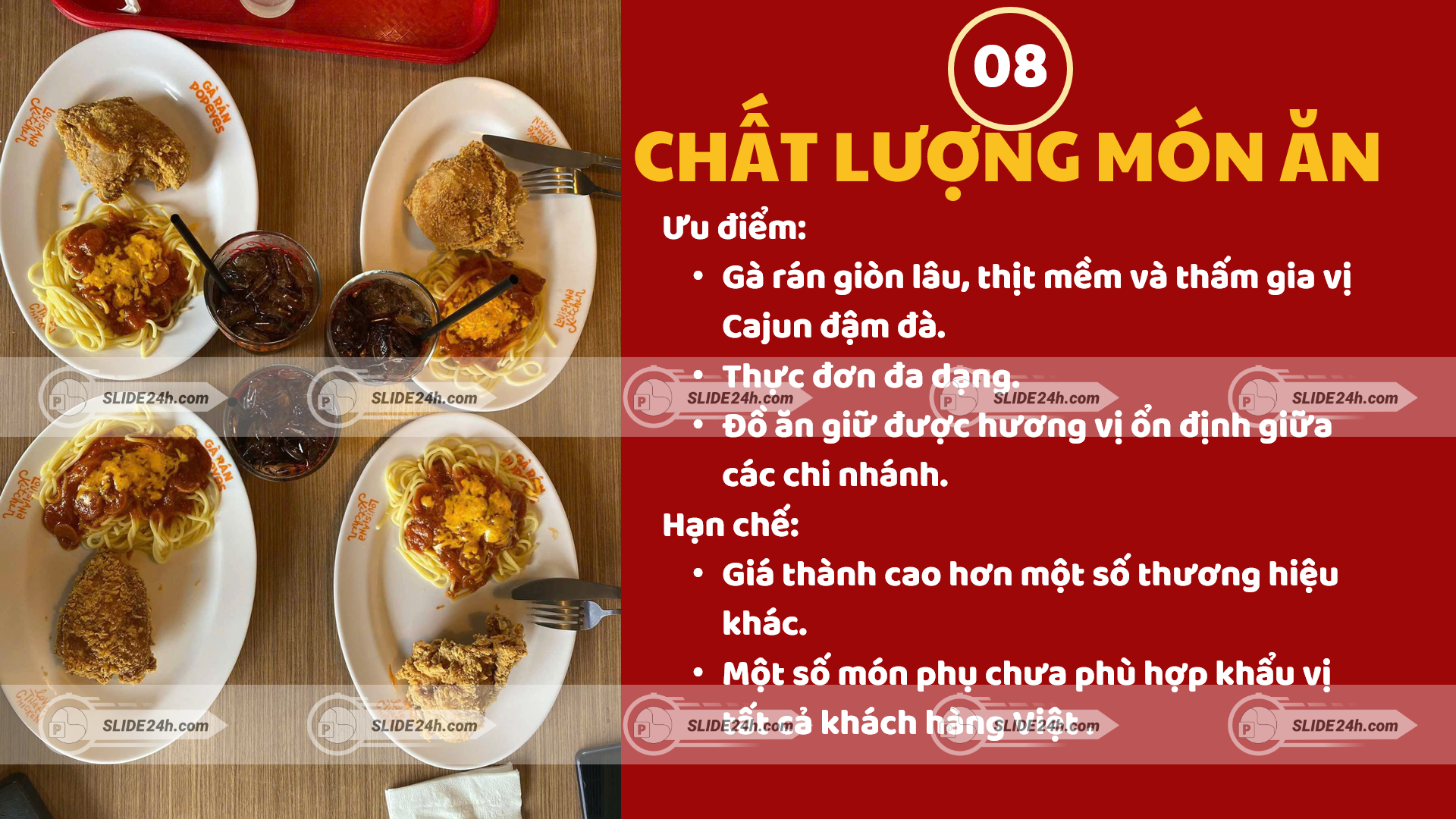 món ăn popeyes gồm gà rán và mì ý trình bày hấp dẫn trên bàn