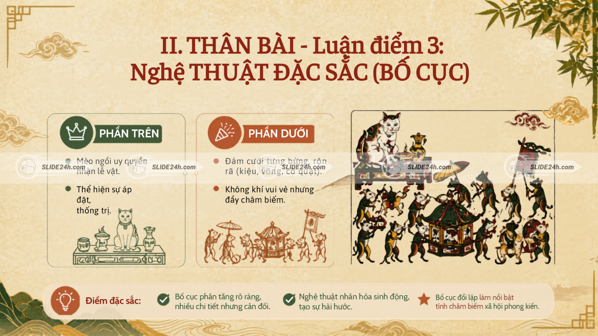 Nghệ thuật bố cục và nhân hóa trong tranh Đám cưới chuột với hình ảnh mèo nhận lễ và đoàn chuột rước dâu.