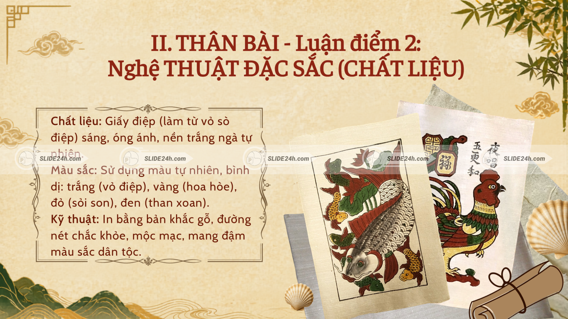 Nghệ thuật chất liệu trong tranh Đám cưới chuột với giấy điệp, màu sắc tự nhiên và kỹ thuật in ván khắc.