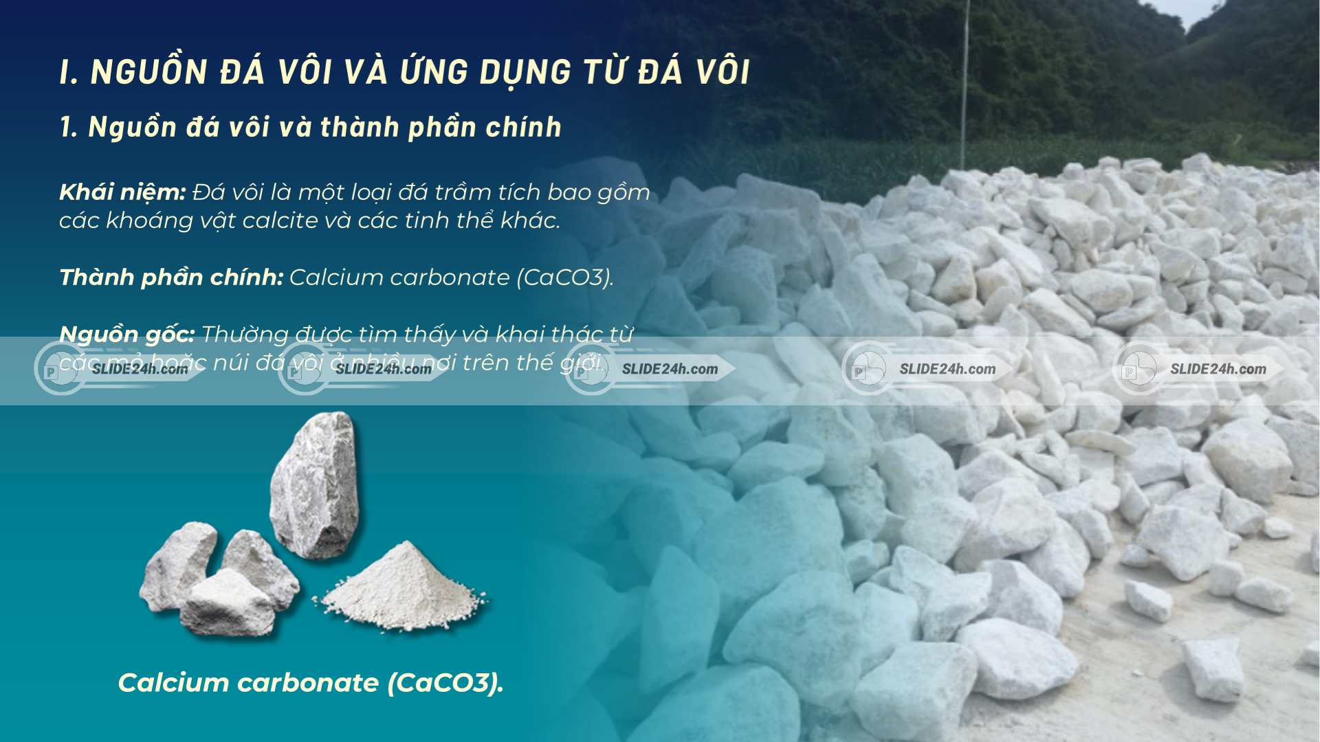 Nguồn đá vôi và thành phần chính CaCO3 trong tự nhiên, phục vụ công nghiệp và xây dựng.