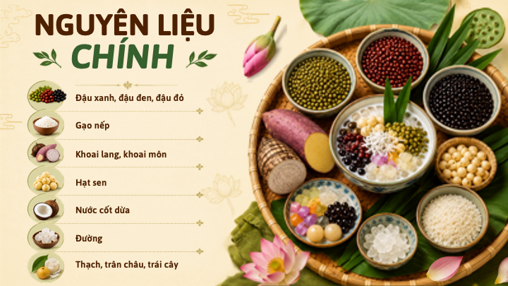 nguyên liệu chính nấu chè việt nam gồm các loại đậu, hạt sen và khoai