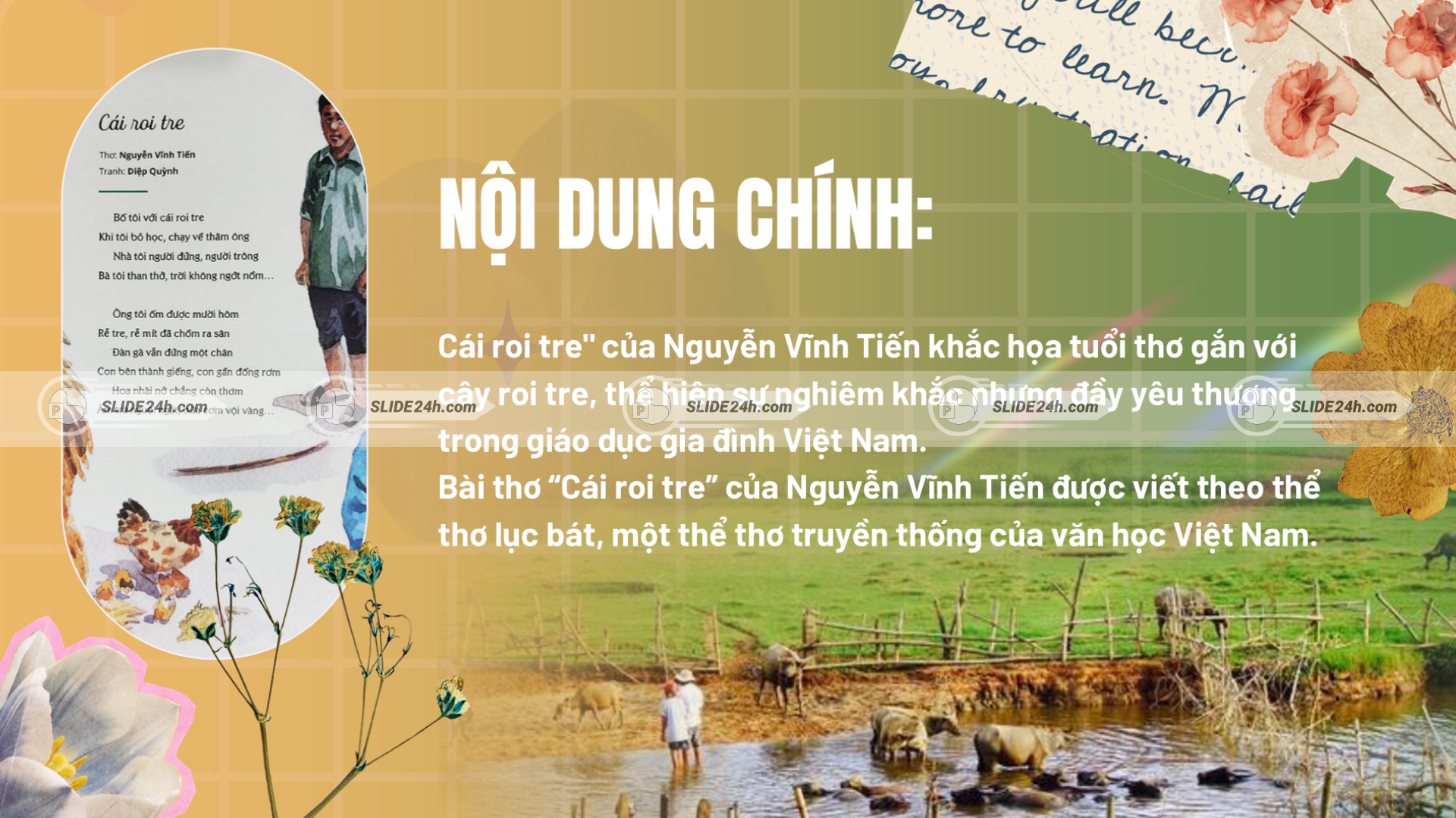 Nội dung chính bài thơ Cái roi tre về ký ức tuổi thơ, tình cha con và thể thơ lục bát.