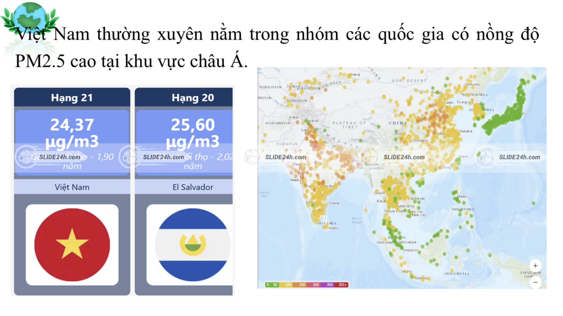 Nồng độ bụi mịn PM2.5 tại Việt Nam và vị trí của Việt Nam trong khu vực châu Á.