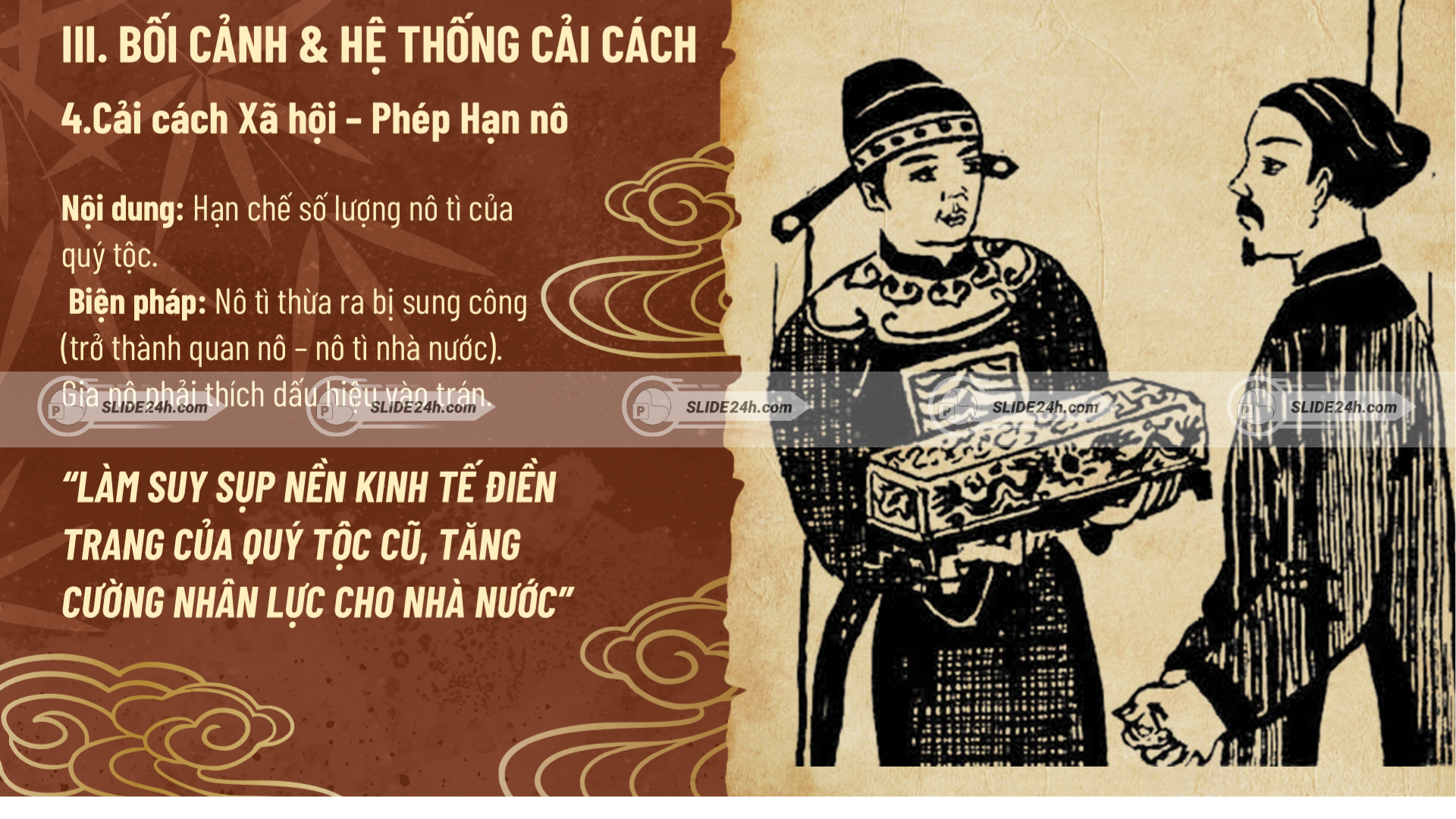 Phép hạn nô của Hồ Quý Ly và mục tiêu tăng nhân lực cho nhà nước, làm suy yếu quý tộc cũ.