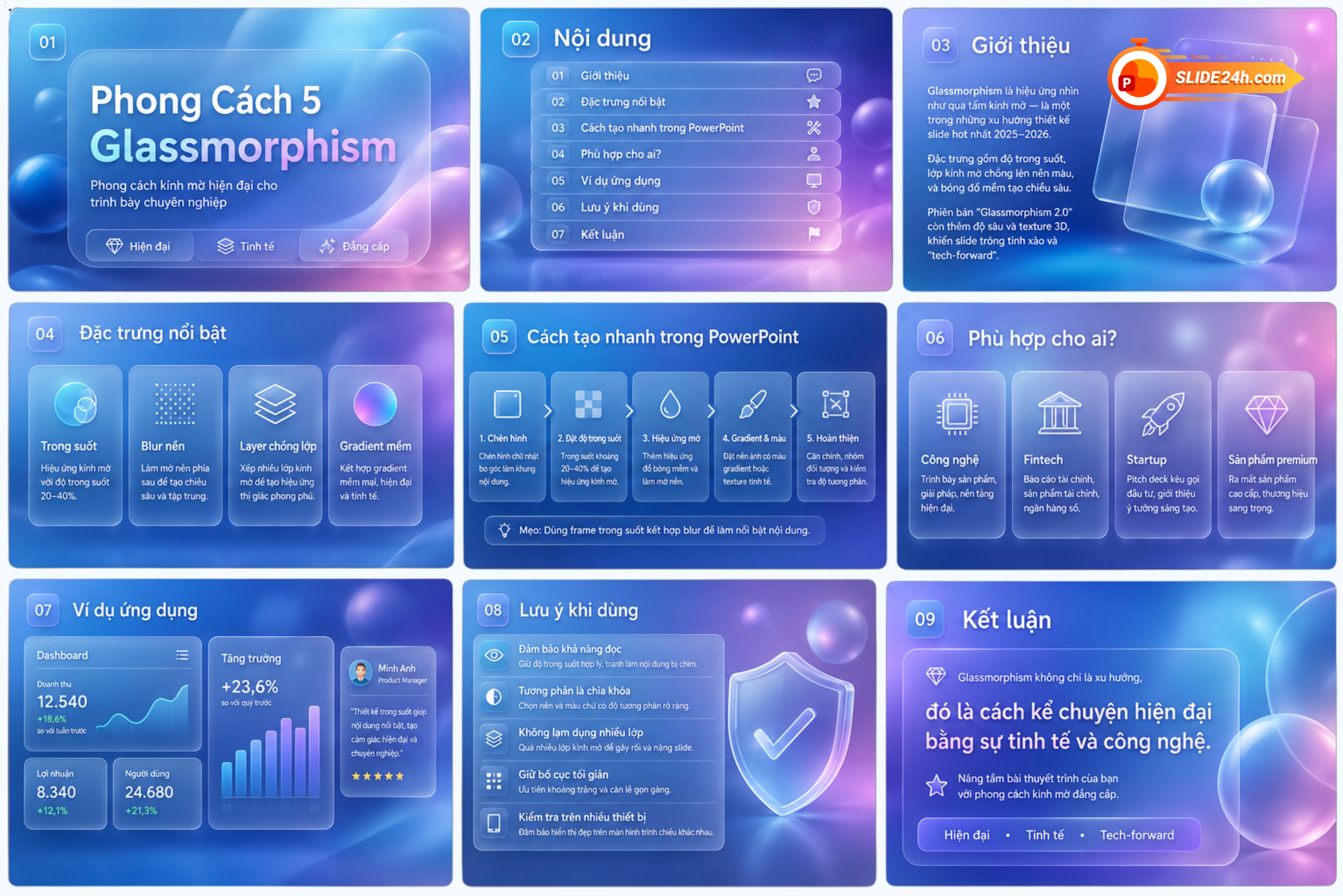phong cách thiết kế slide glassmorphism kính mờ gradient tím