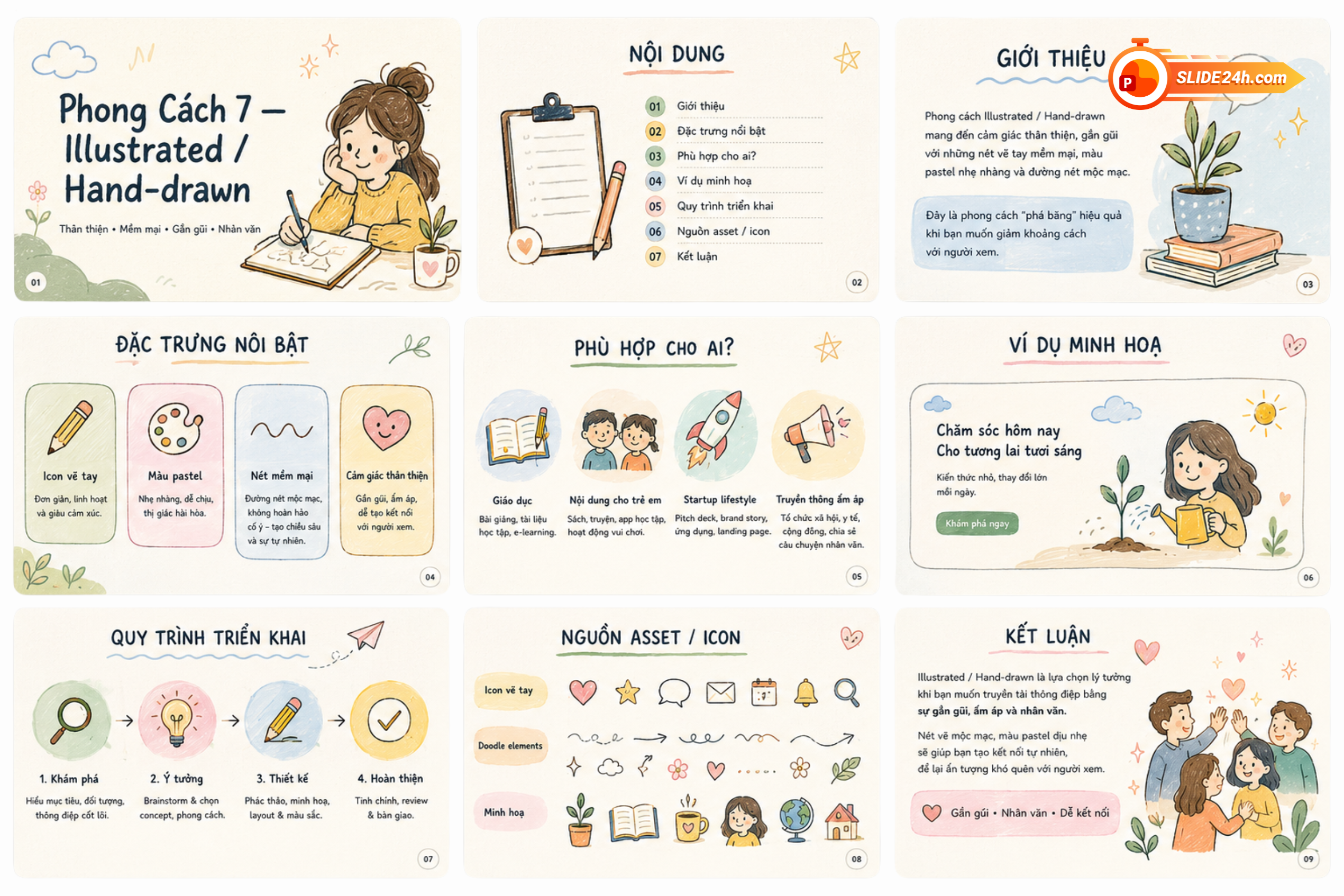 phong cách thiết kế slide illustrated vẽ tay màu pastel