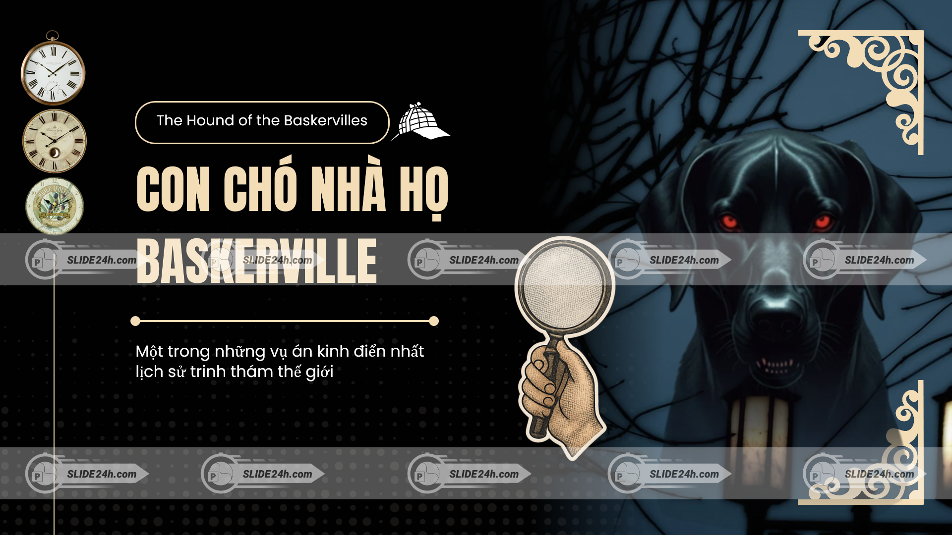 slide con chó nhà họ baskerville với hình ảnh con chó bí ẩn mắt đỏ trong đêm