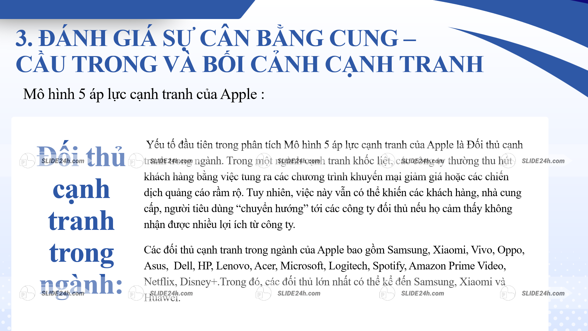 slide đánh giá sự cân bằng cung cầu và mô hình 5 áp lực cạnh tranh trong thị trường điện thoại thông minh