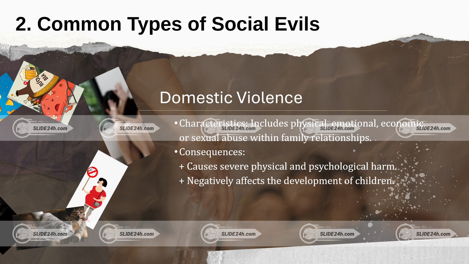 slide domestic violence với hình minh họa bạo lực gia đình và hậu quả đối với trẻ em và tâm lý