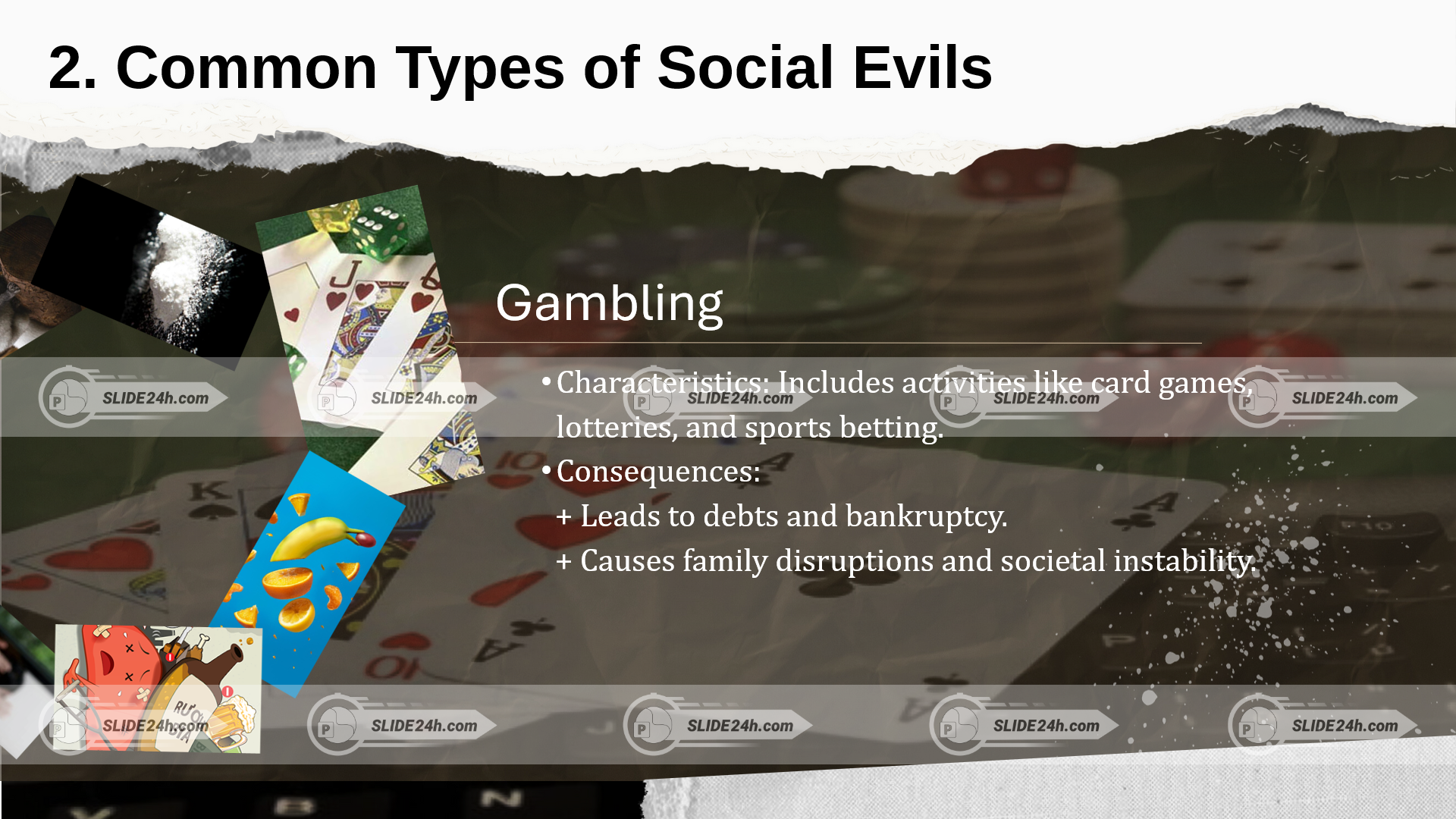 slide gambling với hình bài và xúc xắc minh họa tệ nạn cờ bạc và hậu quả tiêu cực