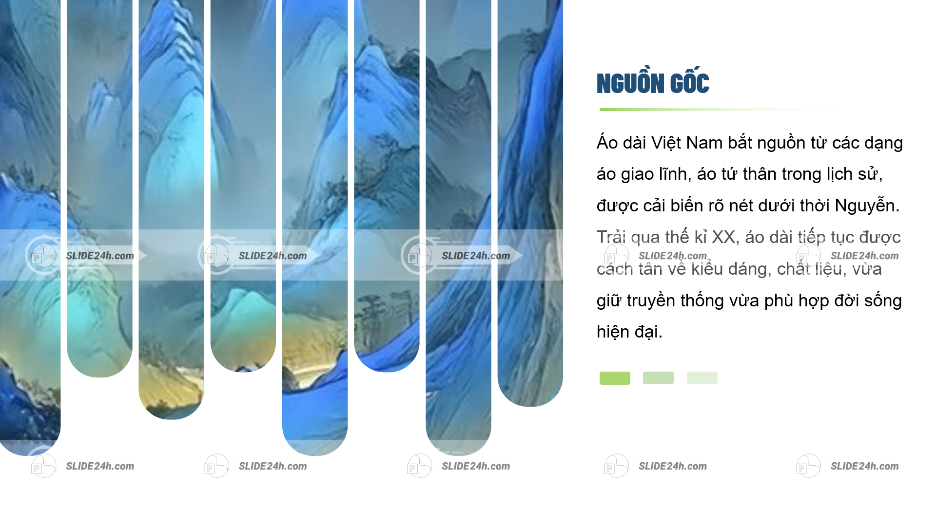 slide nguồn gốc áo dài việt nam với nền tranh phong cảnh và nội dung lịch sử
