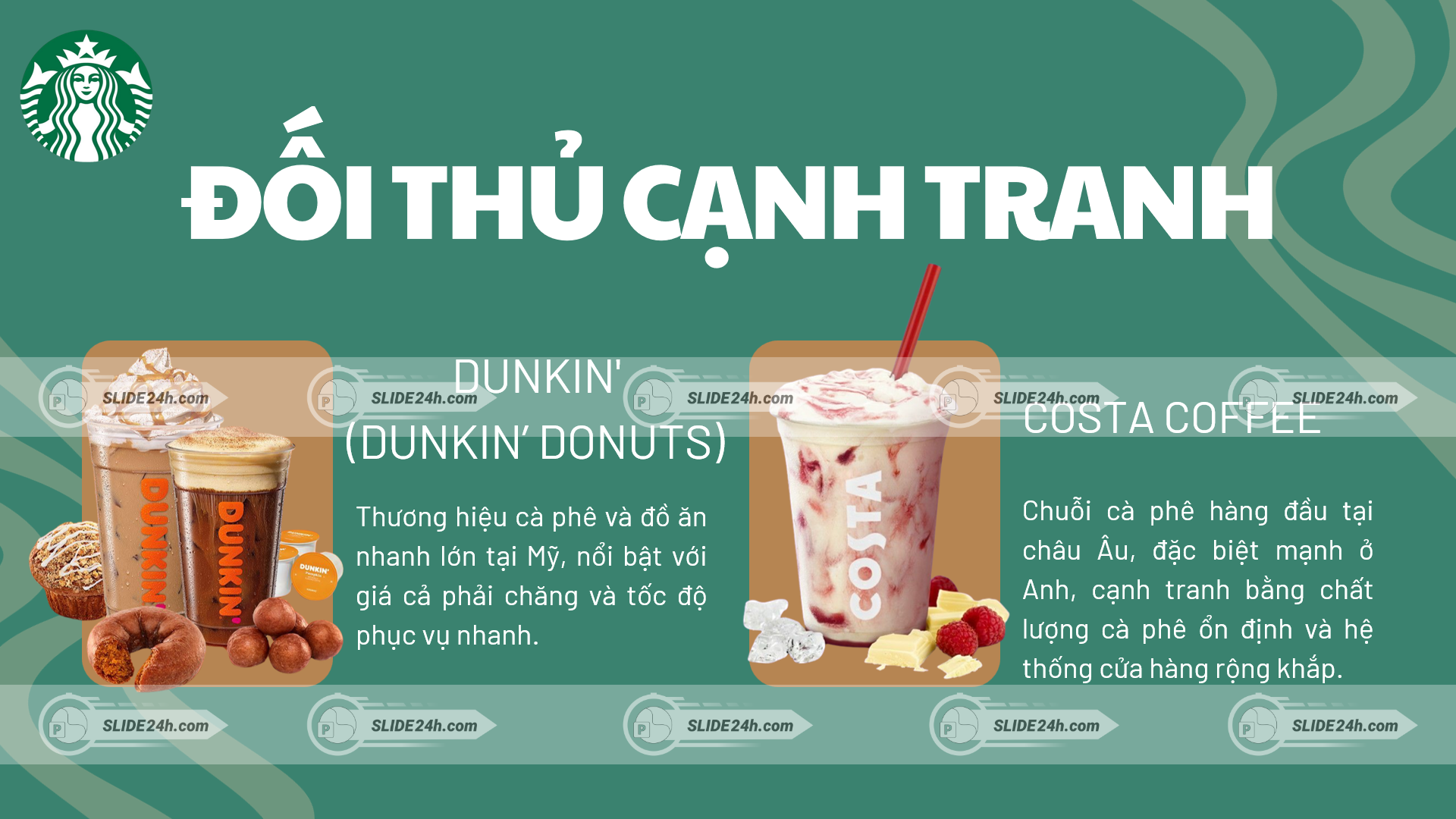 slide so sánh đối thủ starbucks gồm dunkin và costa coffee với sản phẩm tiêu biểu