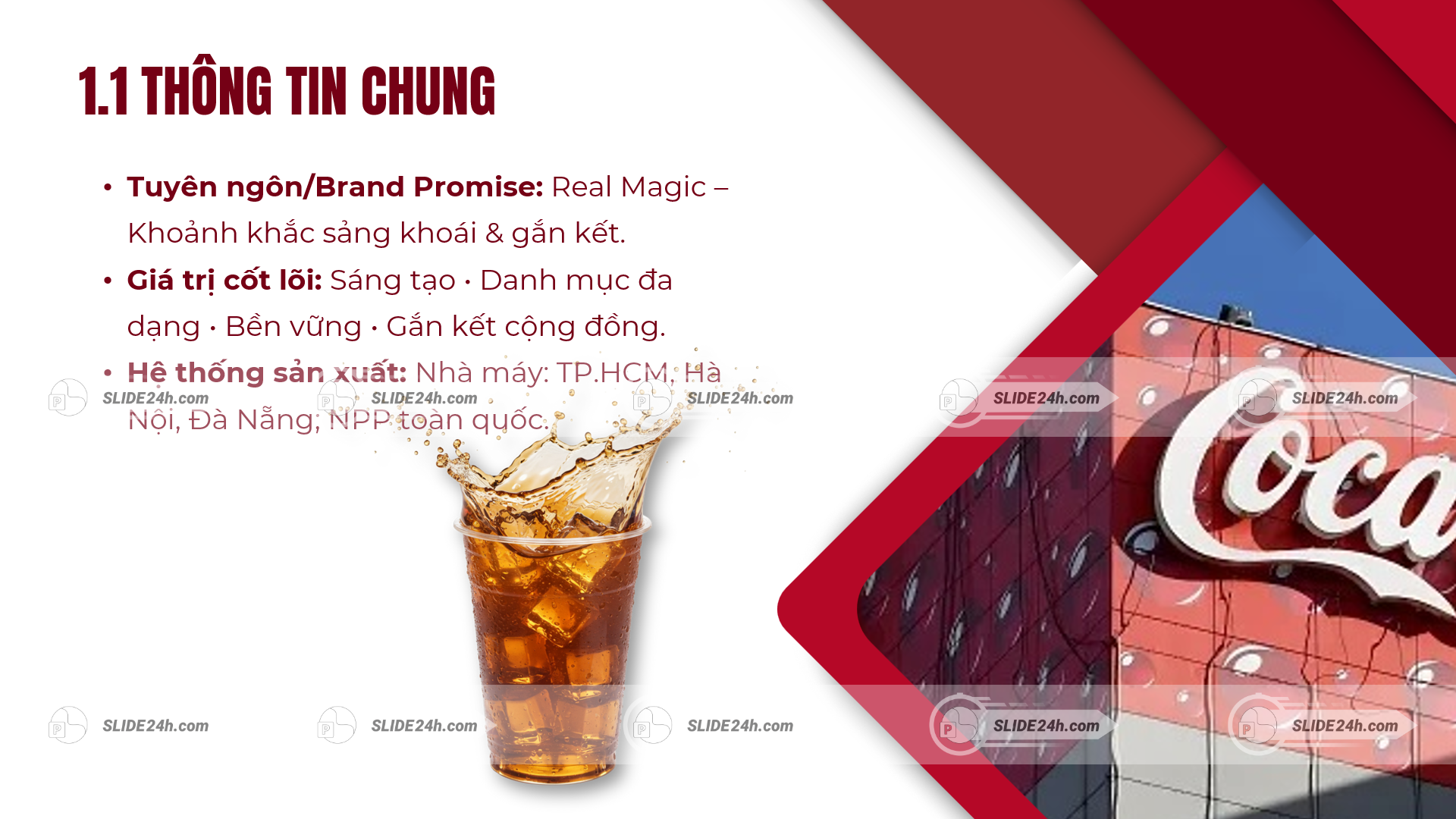 slide thông tin chung thương hiệu coca cola với giá trị cốt lõi và hình ảnh ly nước giải khát