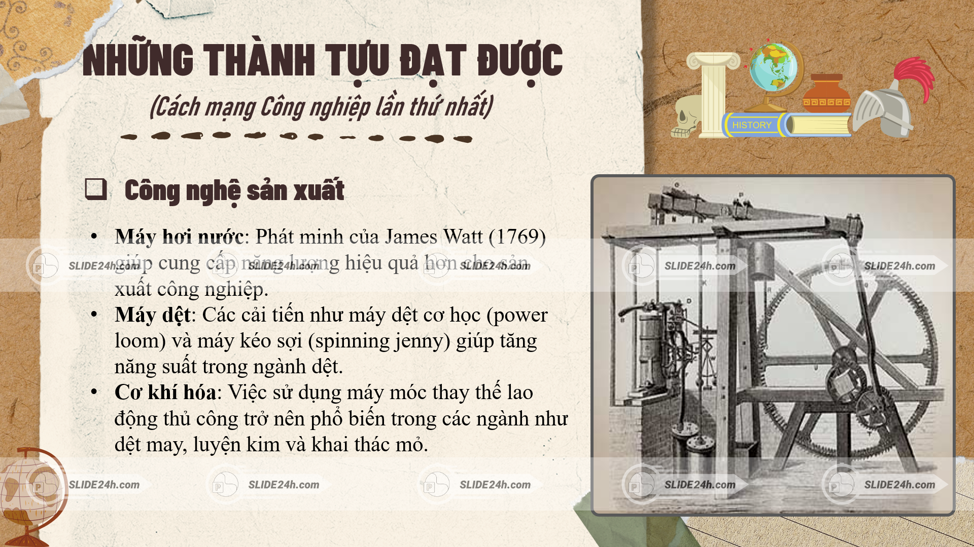 thành tựu của cách mạng công nghiệp lần thứ nhất với máy hơi nước và sự cơ khí hóa trong sản xuất công nghiệp