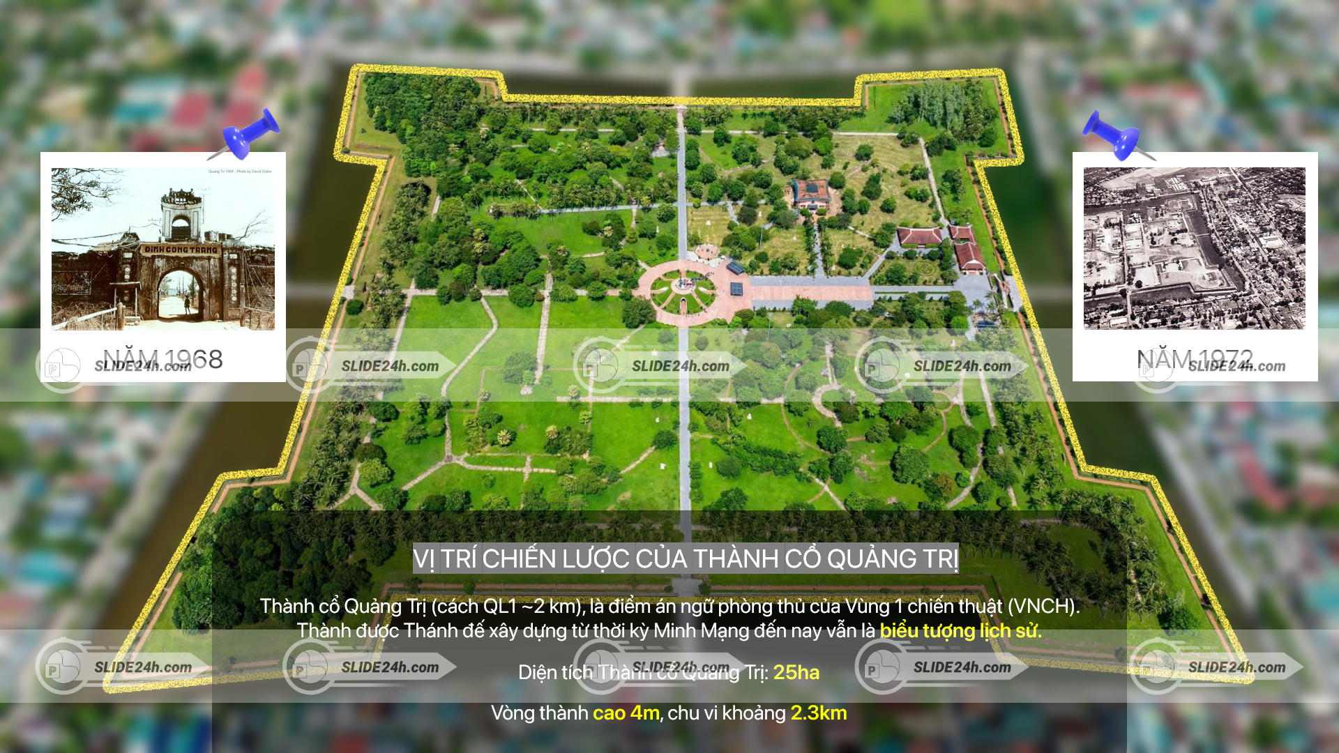 toàn cảnh thành cổ quảng trị từ trên cao thể hiện vị trí chiến lược và khuôn viên di tích lịch sử