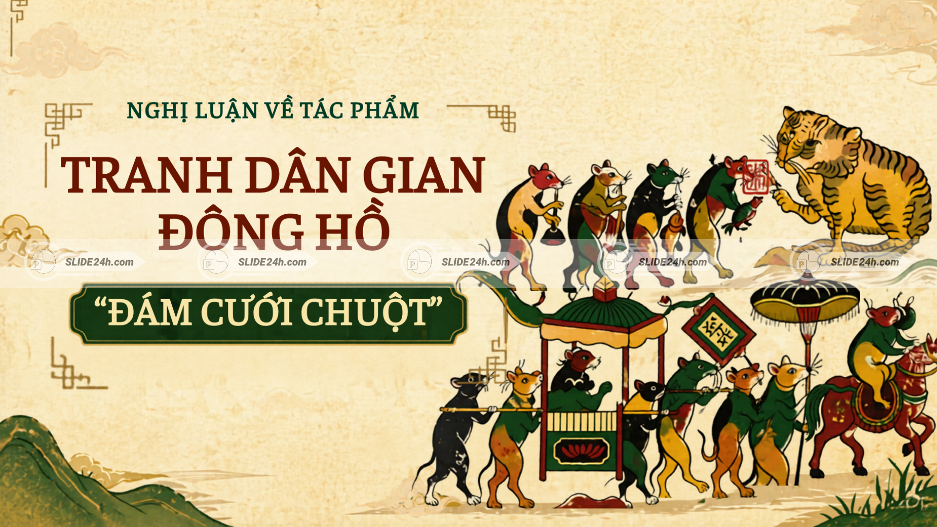 Tranh dân gian Đông Hồ Đám cưới chuột với cảnh rước dâu và hình ảnh mèo nhận lễ vật.